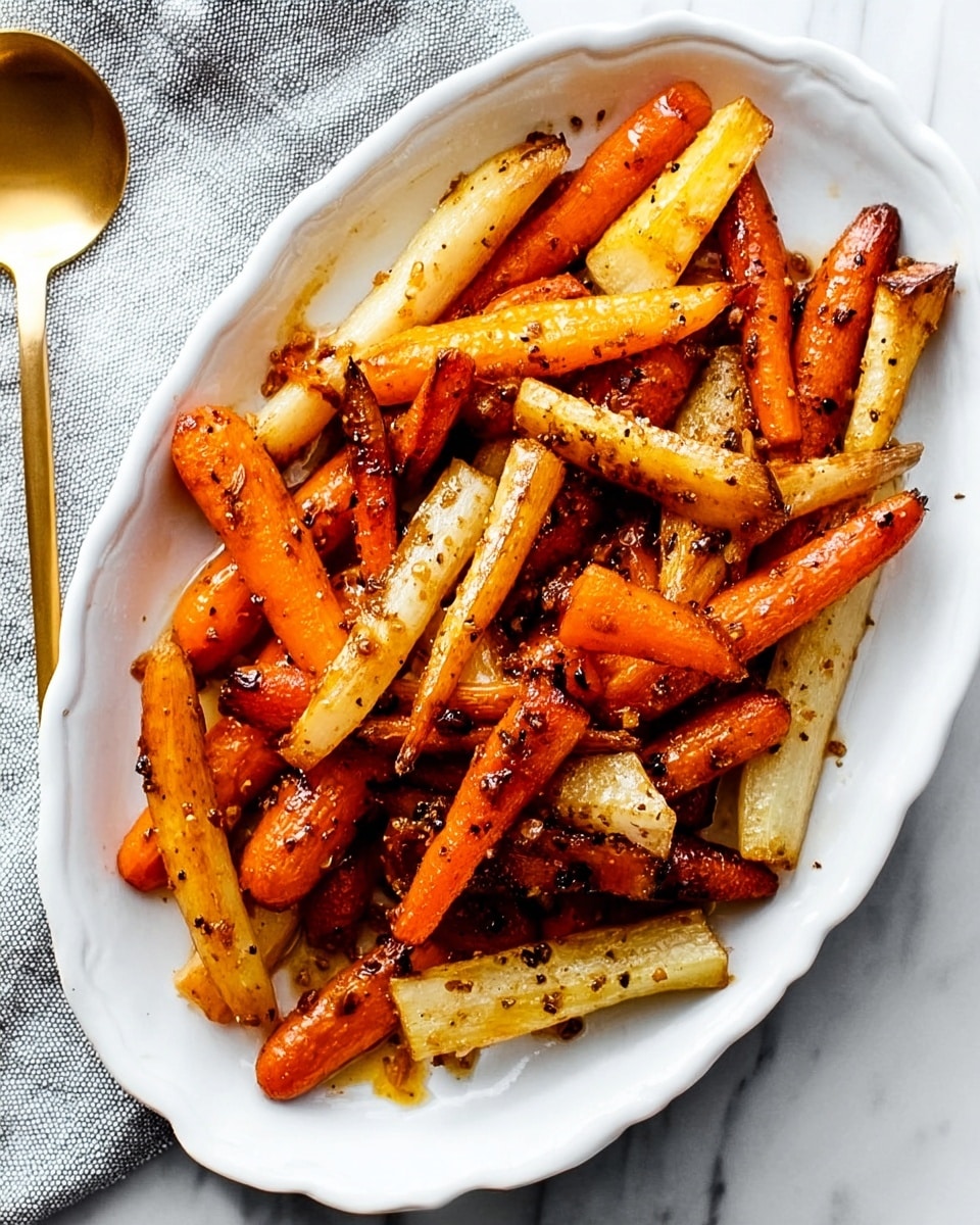 The image shows a white oval plate filled with roasted baby carrots and parsnips. The vegetables are golden orange and light beige in color, with a slightly crispy texture and black pepper sprinkled on top. The plate rests on a white marbled surface, and a gray cloth napkin with a brass spoon is seen on the right side. The lighting highlights the shiny, caramelized surfaces of the vegetables, making them look warm and tasty. photo taken with an iphone --ar 4:5 --v 7