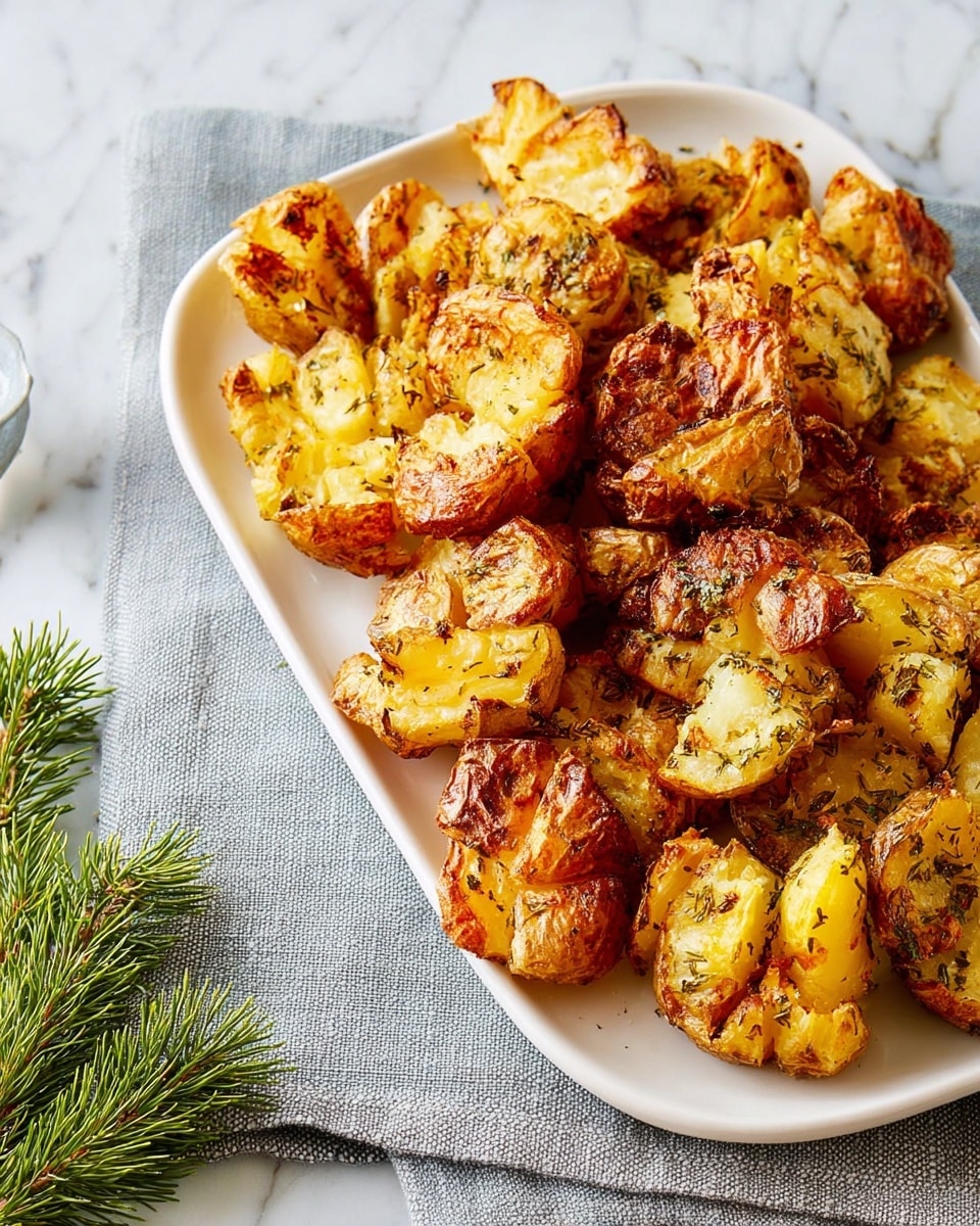 The image shows a white rectangular plate filled with smashed roasted potatoes. The potatoes have a golden brown color with crispy edges, and some parts are darker with a slight char. They are sprinkled with green herbs all over, adding a fresh look. The plate sits on a light blue cloth napkin, and the background is a white marbled texture. To the left of the plate, there is a small green pine branch with a few brown twigs. photo taken with an iphone --ar 4:5 --v 7