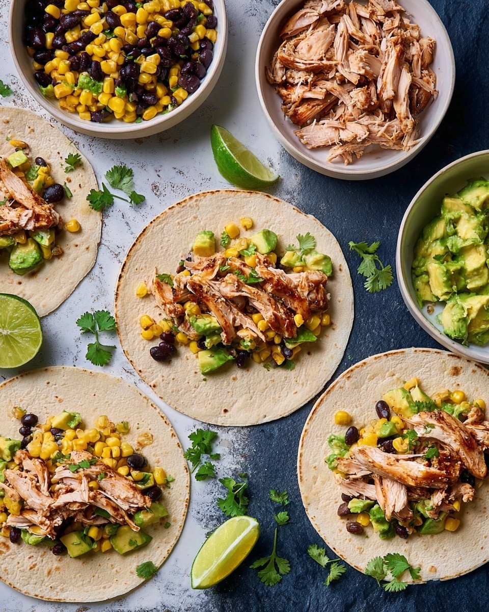 The image shows three soft flour tortillas laid flat on a surface, each with layers starting from the bottom with the light beige tortilla base, topped with a colorful mix of small diced yellow corn, green avocado, and black beans, followed by shredded grilled chicken pieces with a slightly browned texture on top. Scattered fresh green cilantro leaves add a pop of color around and on the tortillas. Lime wedges with bright green skin and juicy inner flesh are placed next to the tortillas. Two white bowls hold additional ingredients: one filled with shredded grilled chicken and the other with the corn, black bean, and avocado mix. The entire scene is set on a white marbled textured background with some food pieces scattered around, creating a casual and fresh look. photo taken with an iphone --ar 4:5 --v 7