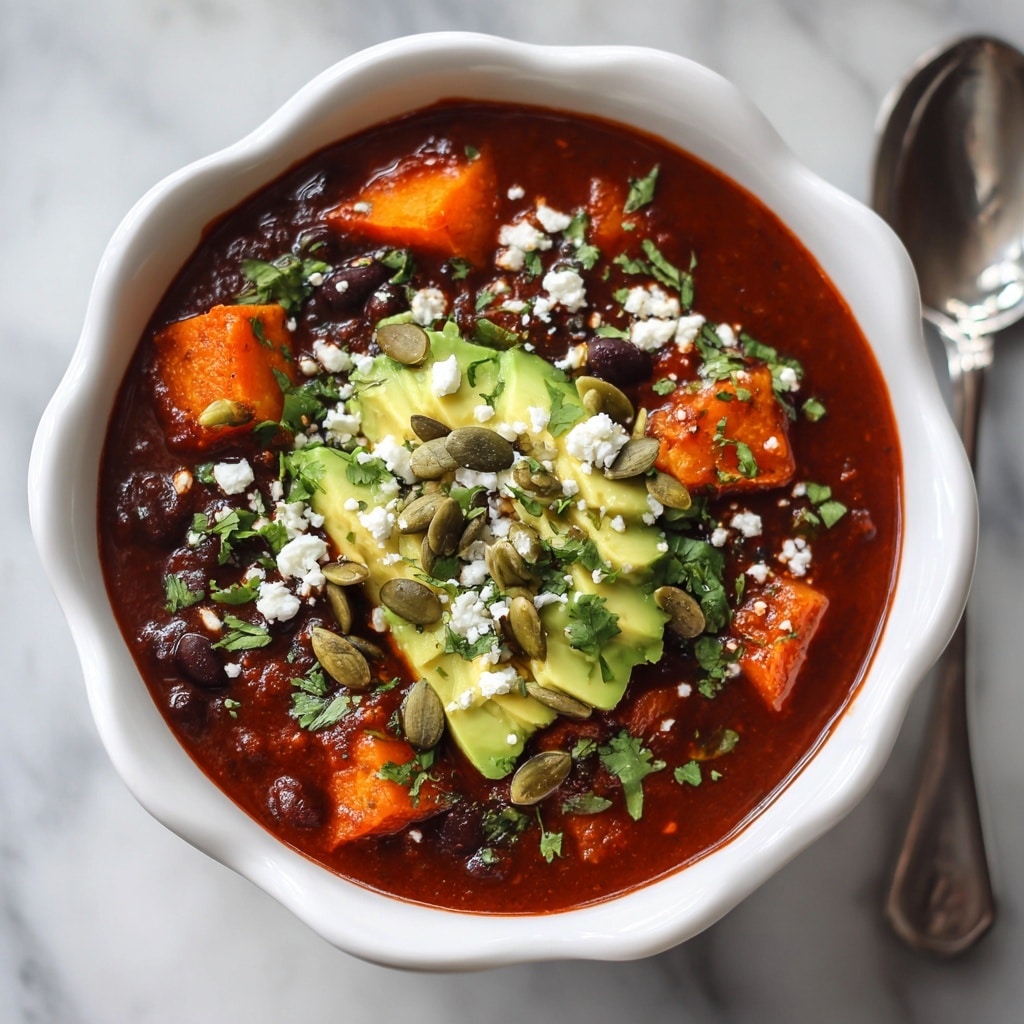A white scalloped bowl is filled with a thick, dark red stew base containing visible chunks of beans and sweet potatoes. On top, there is crumbled white cheese scattered across the surface, along with green pumpkin seeds and freshly chopped cilantro for a bright contrast. Two avocado slices with a smooth pale green shade rest on one side. The bowl sits on a white marbled surface, and the overall image is lit naturally to highlight the rich colors and textures of the dish. Photo taken with an iphone --ar 4:5 --v 7
