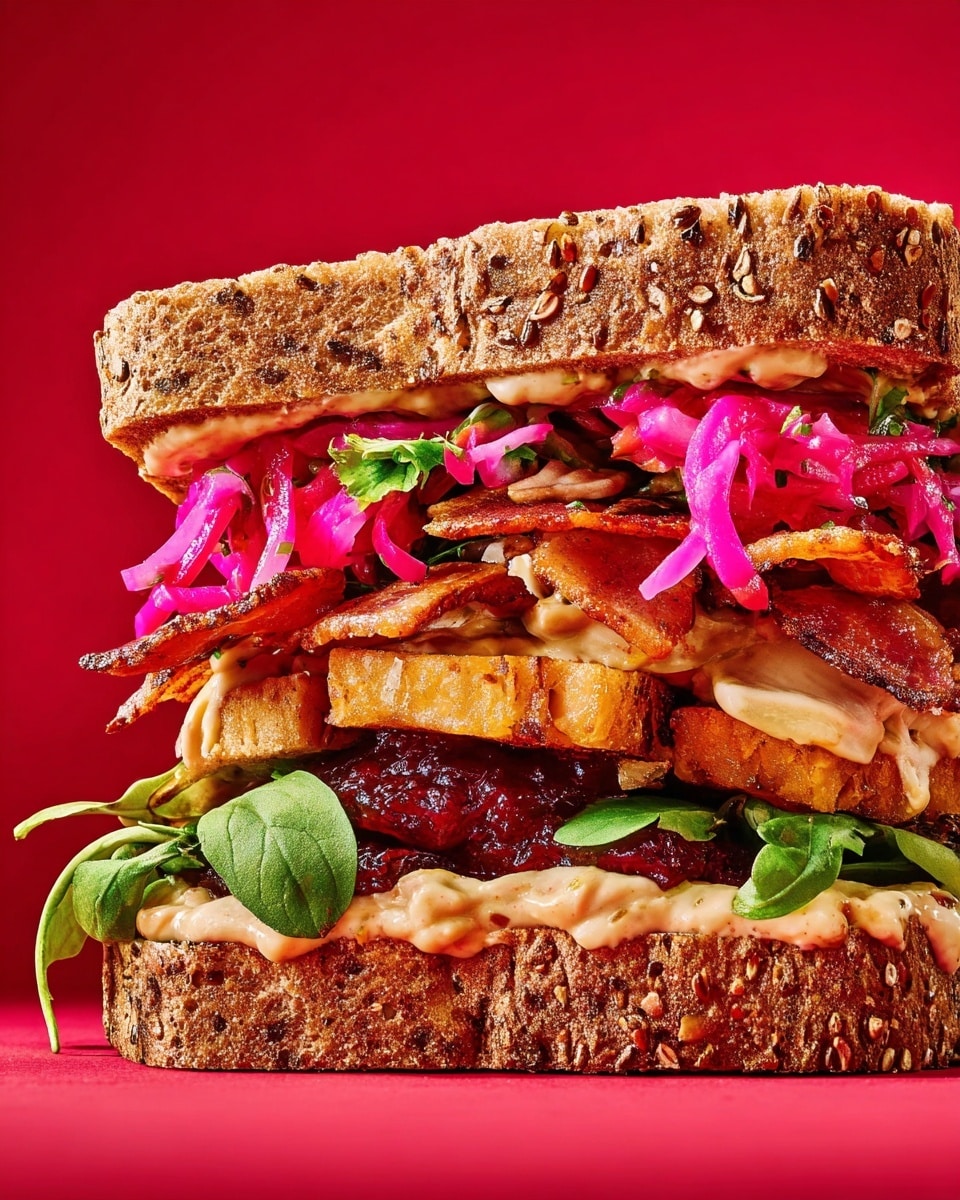 A thick sandwich with three main layers of fillings sits between two slices of seeded, crusty brown bread. The bottom layer shows a dark red jam spread over a light brown bread base, topped with fresh green leaves. The middle layer has crispy golden-brown fried pieces and strips of reddish-brown bacon, mixed with creamy pale mayonnaise with bits of mustard seeds. Above that, bright pink pickled cabbage adds a pop of color, topped again with fresh green leaves, all under the mayonnaise spread on the top slice of bread. The sandwich is set against a plain bright red background. photo taken with an iphone --ar 4:5 --v 7