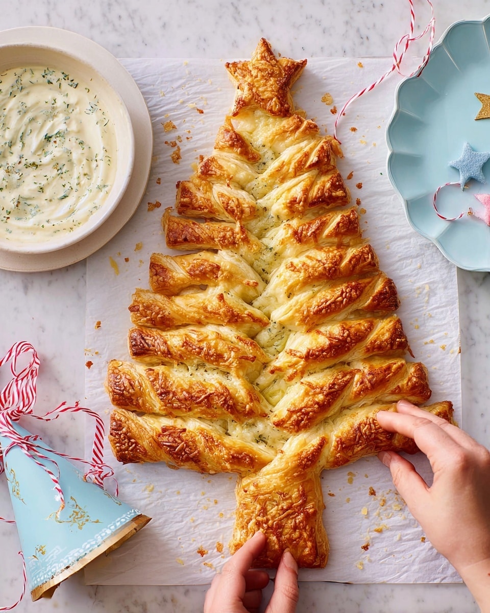 A golden brown pastry shaped like a Christmas tree, with multiple twisted branches on both sides made from flaky dough showing herbs inside, topped with melted cheese in the middle and a star shape at the top, resting on white parchment paper over a white marbled surface. A woman's hands are stretching one of the bottom twisted branches. To the left, there is a small white bowl of creamy white sauce with herbs, alongside a red and white striped ribbon. On the right side, there are stacked white plates with gold and pink rims, and a small blue party hat with colorful stars. Photo taken with an iphone --ar 4:5 --v 7