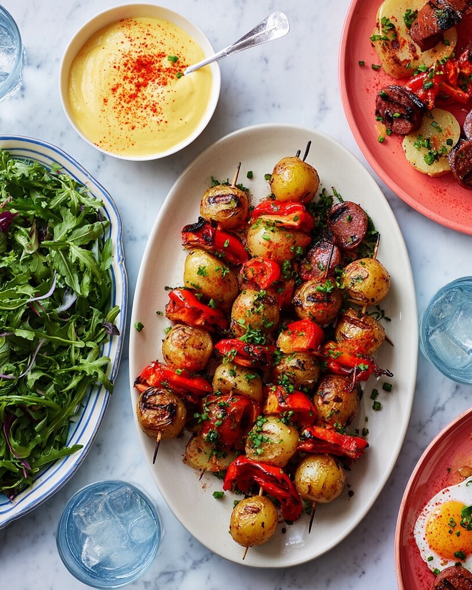 The image shows a white oval plate filled with skewers made of golden brown small potatoes, bright red roasted bell pepper pieces, and browned sausage slices, all sprinkled with chopped green herbs. To the left, a small white bowl is filled with fresh green arugula leaves. Above it, a white round bowl contains a creamy pale yellow sauce dusted with red paprika, with a spoon resting inside. A clear glass of ice water sits next to the sauce bowl. On the right side, part of a white plate holds similar skewers with potatoes, red peppers, and sausage around a sunny-side-up fried egg garnished with herbs. The food is placed on a white marbled surface -- photo taken with an iphone --ar 4:5 --v 7