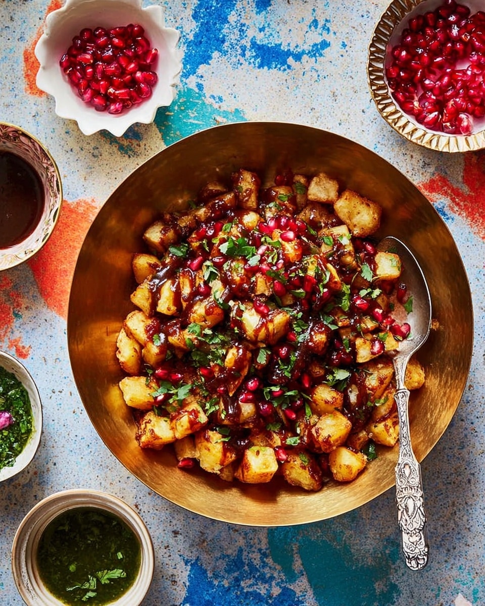 The dish is served in a large round brass bowl filled with multiple layers starting with a base of thick, golden-brown potato cubes. On top, there is a generous layer of dark, rich tamarind sauce drizzled unevenly, followed by scattered bright red pomegranate seeds adding vibrant spots of color. Fresh green herbs, likely coriander, are sprinkled on top, adding a lively contrast. A vintage silver spoon rests inside the bowl, partially submerged in the food. Around the bowl, there are small white bowls containing dark brown sauce and green sauce, and a small white bowl filled with striking red pomegranate seeds. The surface is a white marbled texture with hints of blue and beige color splashes, giving a rustic and colorful backdrop. Photo taken with an iphone --ar 4:5 --v 7
