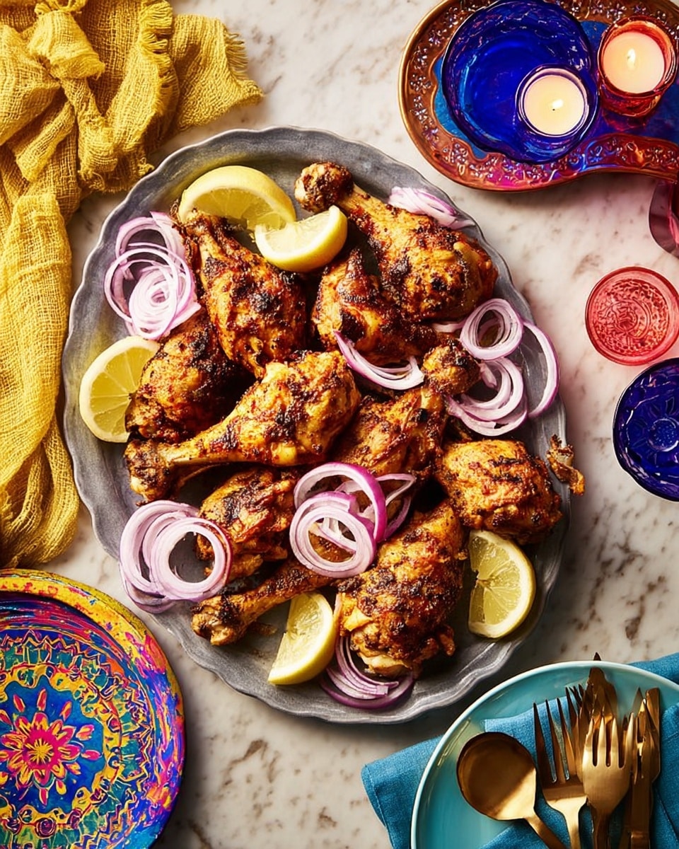 A large oval plate filled with many golden-brown grilled chicken drumsticks and thighs, arranged in a slightly overlapping pattern. Thin rings of red onion are scattered on top and around the chicken, adding a bright purple color. Four lemon wedges are placed evenly around the edge of the plate, adding fresh yellow accents. The plate is set on a white marbled surface with a textured dark blue and red backdrop. To the left, a yellow cloth is casually draped, and to the right, an empty white plate has a blue napkin with a fork and spoon on it. Nearby, a decorative tray holds a glass of pink liquid and a glass of water, along with a lit candle in a small holder. photo taken with an iphone --ar 4:5 --v 7