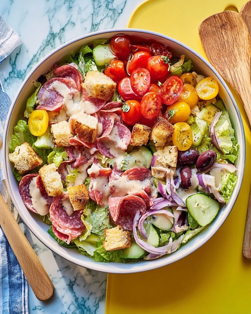 A white bowl filled with a colorful salad placed on a white marbled surface. The salad has several layers: at the base, leafy green lettuce provides a fresh, textured background. On top of the lettuce, there are slices of cucumber with a pale green color, halved cherry tomatoes showing bright red flesh, and chunks of yellow bell pepper adding vibrant color. Scattered among these are folded slices of marbled salami, off-white cubes of cheese, and dark brownish-purple olives halved to show their center. Golden brown croutons are spread across the salad, and a creamy white dressing is drizzled unevenly on top, creating a slightly glossy look. The bowl locks into a light blue lunch box, with wooden cutlery lying beside it on a layered white marbled and yellow cutting board. Photo taken with an iphone --ar 4:5 --v 7