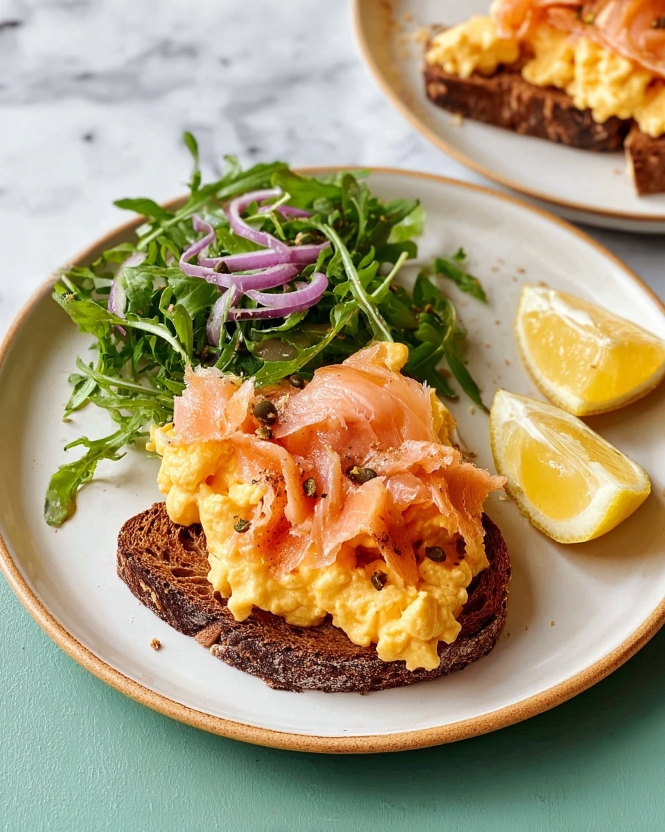 A white plate holds an open sandwich made from a slice of dark toasted bread as the bottom layer, topped with a thick, creamy layer of bright yellow scrambled eggs, and scattered pieces of pinkish smoked salmon on top. To the right of the sandwich is a fresh green salad made of arugula leaves, thin purple onion slices, and a few dark green capers, all lightly dressed. At the bottom of the plate, there are two lemon wedges placed side by side. The whole plate is on a white marbled textured surface. Photo taken with an iphone --ar 4:5 --v 7