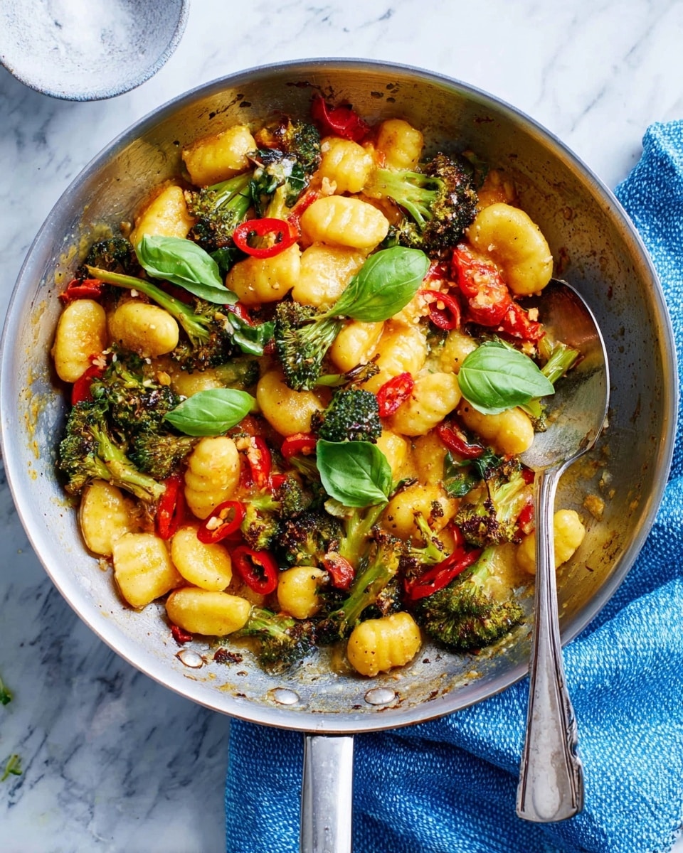The image shows a round metal pan filled with a colorful gnocchi dish. The base layer is small yellow gnocchi pieces, each with a soft, slightly browned texture. Mixed within are bright green broccoli florets with some charred, dark spots, adding a textured contrast. Scattered among the broccoli and gnocchi are small chunks of red tomatoes and thin slices of red chili peppers. Fresh basil leaves, vibrant and green, top the dish, adding freshness. A silver spoon rests inside the pan, partially covered by the food. The pan sits on a white marbled surface next to a folded blue cloth. Photo taken with an iphone --ar 4:5 --v 7