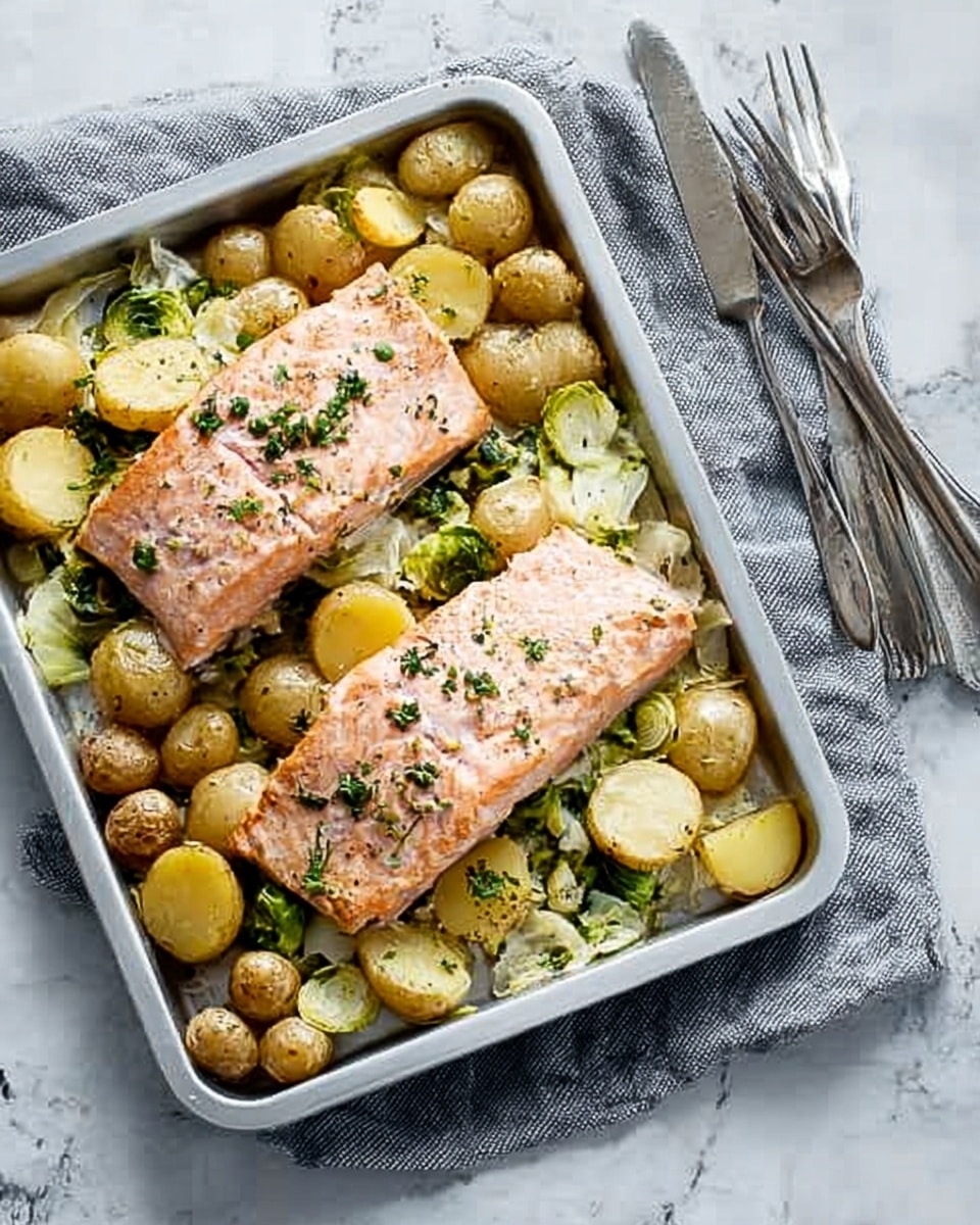 A rectangular metal tray filled with two large, soft pink salmon fillets on top of a bed of creamy light green and white cooked leeks, surrounded by roasted small round golden brown potatoes with a slightly crispy texture; chopped green herbs are sprinkled over the salmon and vegetables. The tray is placed on a white marbled surface with two forks resting on a grey cloth napkin above it. photo taken with an iphone --ar 4:5 --v 7