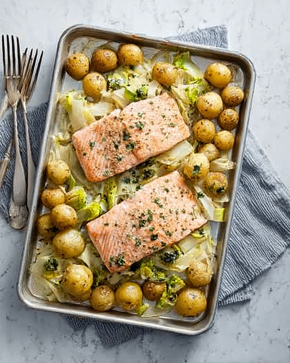 A white metal tray holds a meal with two pieces of pink cooked salmon placed on top of a bed of light green cooked vegetables mixed with small round golden-brown roasted potatoes. The salmon has small green herb pieces sprinkled over it. The tray is on a gray cloth, and above the tray are three metal forks. The whole scene is set against a white marbled surface. Photo taken with an iphone --ar 4:5 --v 7