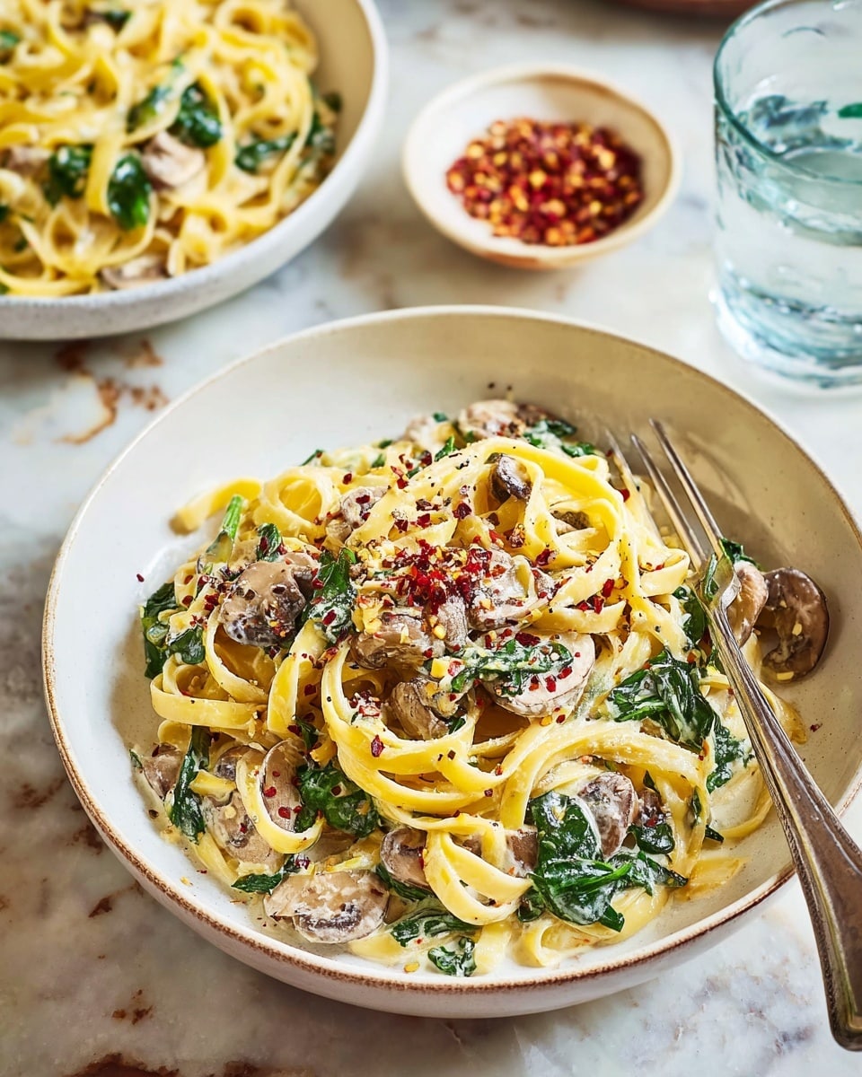 A close-up of a white bowl filled with creamy fettuccine pasta mixed with small pieces of brown meat, green spinach leaves, and a light creamy sauce. The pasta is piled high in the center, sprinkled with red chili flakes and black pepper, giving a pop of color. In the background, there is a white bowl with more pasta, a small white dish with red chili flakes, and a glass of water on a white marbled surface. A fork rests on the edge of the main bowl. Photo taken with an iphone --ar 4:5 --v 7