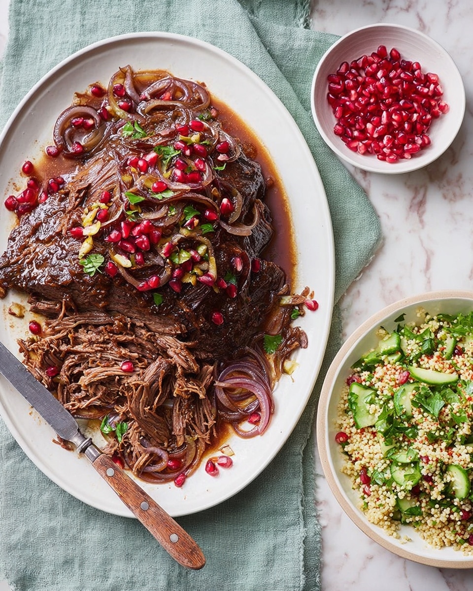 A white oval plate holds a slow-cooked piece of dark brown meat with a tender, shredded section at the bottom right. The meat is topped with glossy, deep reddish-brown caramelized onions and scattered bright red pomegranate seeds all over. On the right side of the plate, a silver fork rests next to a large knife with a wooden handle. The plate sits on a soft green cloth on a white marbled surface. Above and to the right of the meat plate, a small white bowl is filled with loose pomegranate seeds, and a larger white plate contains a colorful salad of light brown grains, chopped green celery, fresh parsley leaves, and sprinkled red spices and lemon zest. photo taken with an iphone --ar 4:5 --v 7