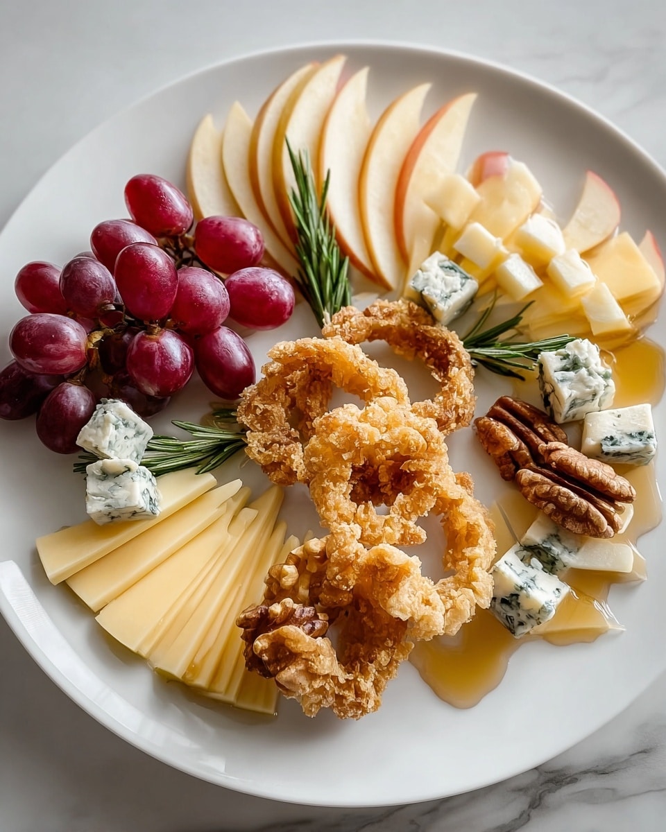 A white plate with a mix of fresh and crunchy foods on a white marbled surface. There are three circle-shaped, golden brown fried onion rings spread evenly on the plate, with a shiny light brown syrup drizzled on them. Around and inside the onion rings are small light blue and white cubes of blue cheese, some dark brown walnut halves, and fresh green rosemary sprigs. On one side, there are thin apple slices with red skin, layered together in a fan shape. On the other side, there are pale yellow cheese slices, folded neatly, with a few more apple slices leaning beside them. Opposite the cheese, a small bunch of shiny deep red grapes adds a pop of color. photo taken with an iphone --ar 4:5 --v 7