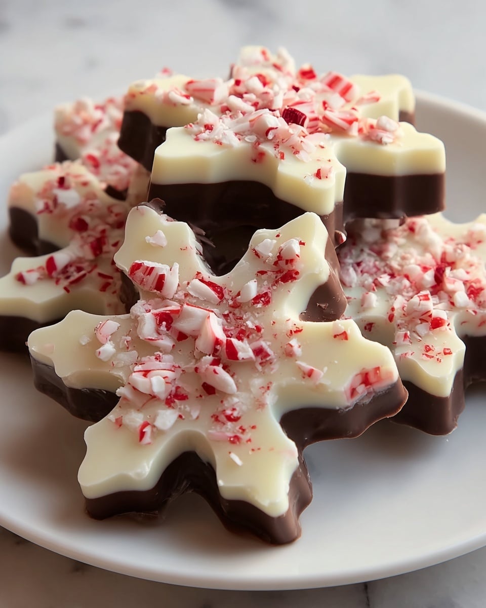 The image shows snowflake-shaped peppermint bark pieces on a white plate placed on a white marbled surface. Each piece has two thick layers, with a bottom dark brown chocolate layer and a top white chocolate layer. The white chocolate layer is covered with small, crushed red and white peppermint candy pieces, adding a textured look. The pieces are stacked slightly on each other, with clear edges and a glossy finish on the chocolates. Photo taken with an iphone --ar 4:5 --v 7