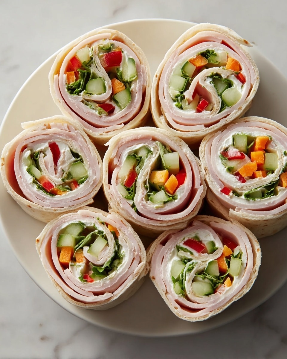 A white round plate holds eight neatly arranged pinwheel wraps on a white marbled surface. Each wrap has four visible layers: the outermost layer is a soft, pale beige tortilla; inside, there is a thick, creamy white spread; next is a layer of light pink turkey slices folded in a spiral; and finally, a colorful mix of thinly sliced vegetables including bright orange carrots, green cucumber pieces, and small red bell pepper chunks, all sprinkled with tiny green herbs. The wraps are cut into thick rounds showing these layers clearly. Photo taken with an iphone --ar 4:5 --v 7