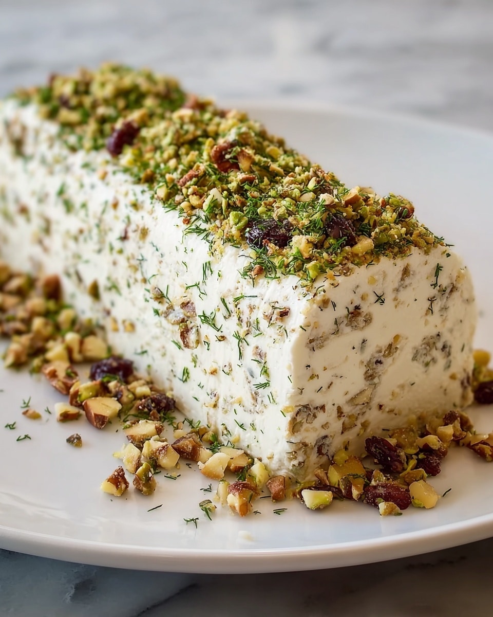 A long, log-shaped creamy cheese roll sits on a plain white plate, resting on a white marbled surface. The cheese is pale white with specks of herbs inside, giving it a slightly textured look. The entire surface of the roll is coated in a mix of finely chopped nuts, green herbs, small bits of dried red fruit, and crumbs, creating a colorful, crumbly outer layer. The cheese roll looks soft and rich, with a mix of smooth and rough textures from the topping. photo taken with an iphone --ar 4:5 --v 7