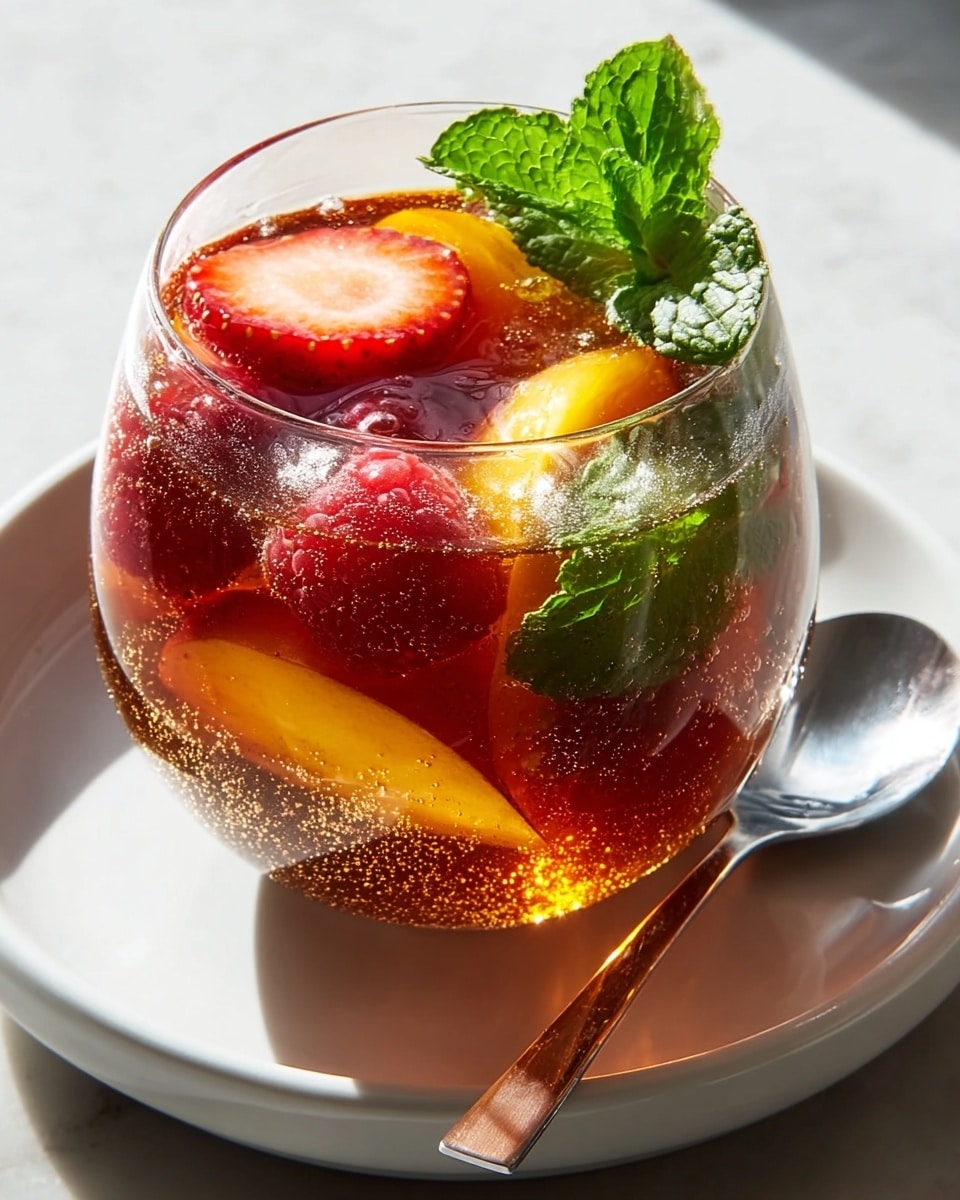 A round clear glass filled with three visible layers: at the bottom, bright yellow-orange fruit pieces with a soft texture; in the middle, dark amber sparkling liquid with tiny bubbles rising to the top; and floating on the surface, fresh green mint leaves with visible veins, bright red raspberries, and sliced strawberries showing their seeds and inner texture. The glass sits on a white plate with a silver spoon resting beside it on a white marbled surface. Sunlight creates shiny reflections and soft shadows around the glass. photo taken with an iphone --ar 4:5 --v 7