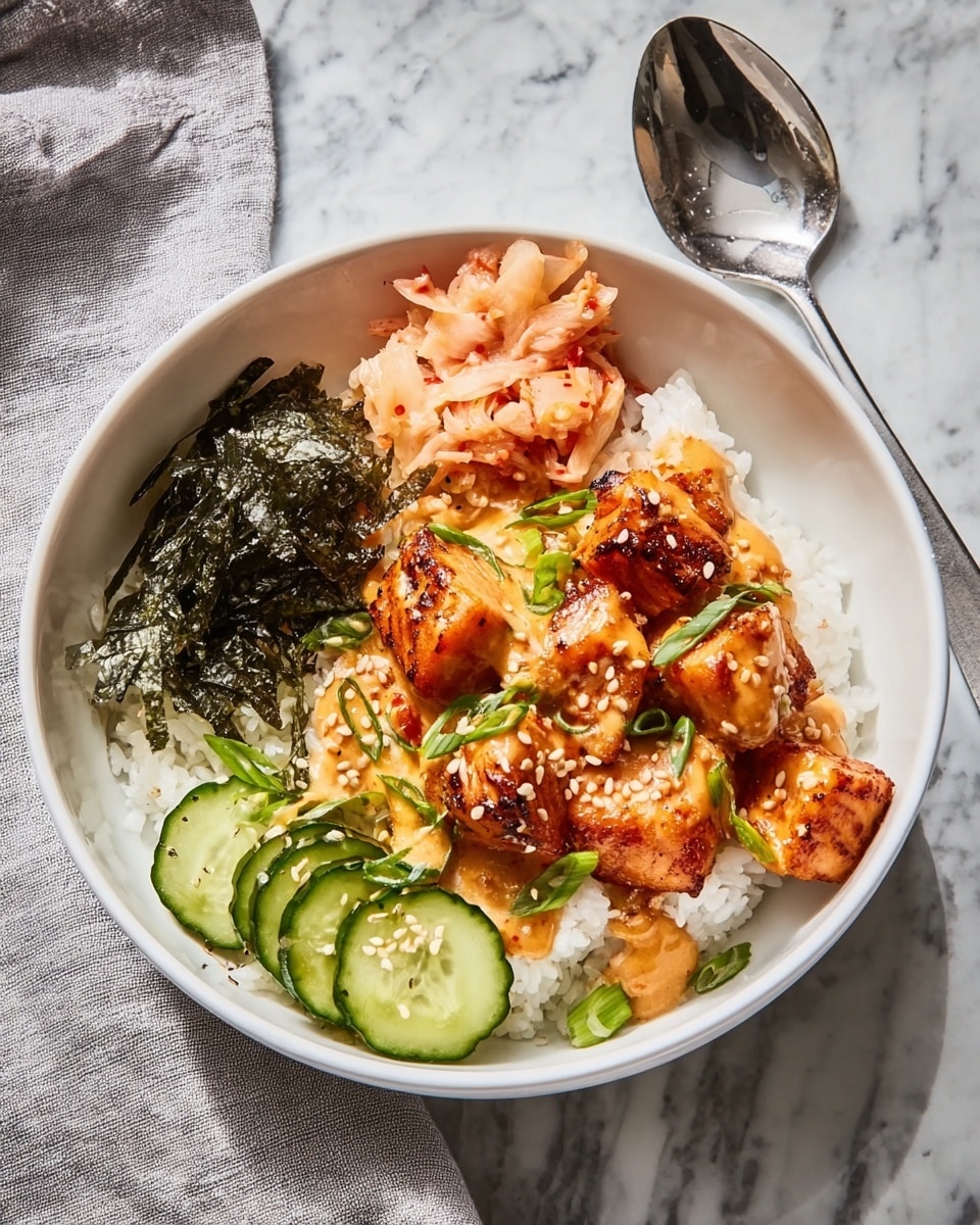 A white bowl filled with a base layer of white rice, topped with several layers arranged separately: on one side, bright green sliced cucumber rounds sprinkled with white sesame seeds; next to cucumber is a pile of black shredded seaweed; beside that, a portion of light orange kimchi with hints of red seasoning; and on top, multiple chunks of golden-brown grilled salmon pieces drizzled with a creamy orange sauce and garnished with green sliced scallions and white sesame seeds. The bowl is placed on a white marbled surface with sunlight casting soft shadows, a silver spoon rests nearby on a light cloth. Photo taken with an iphone --ar 4:5 --v 7