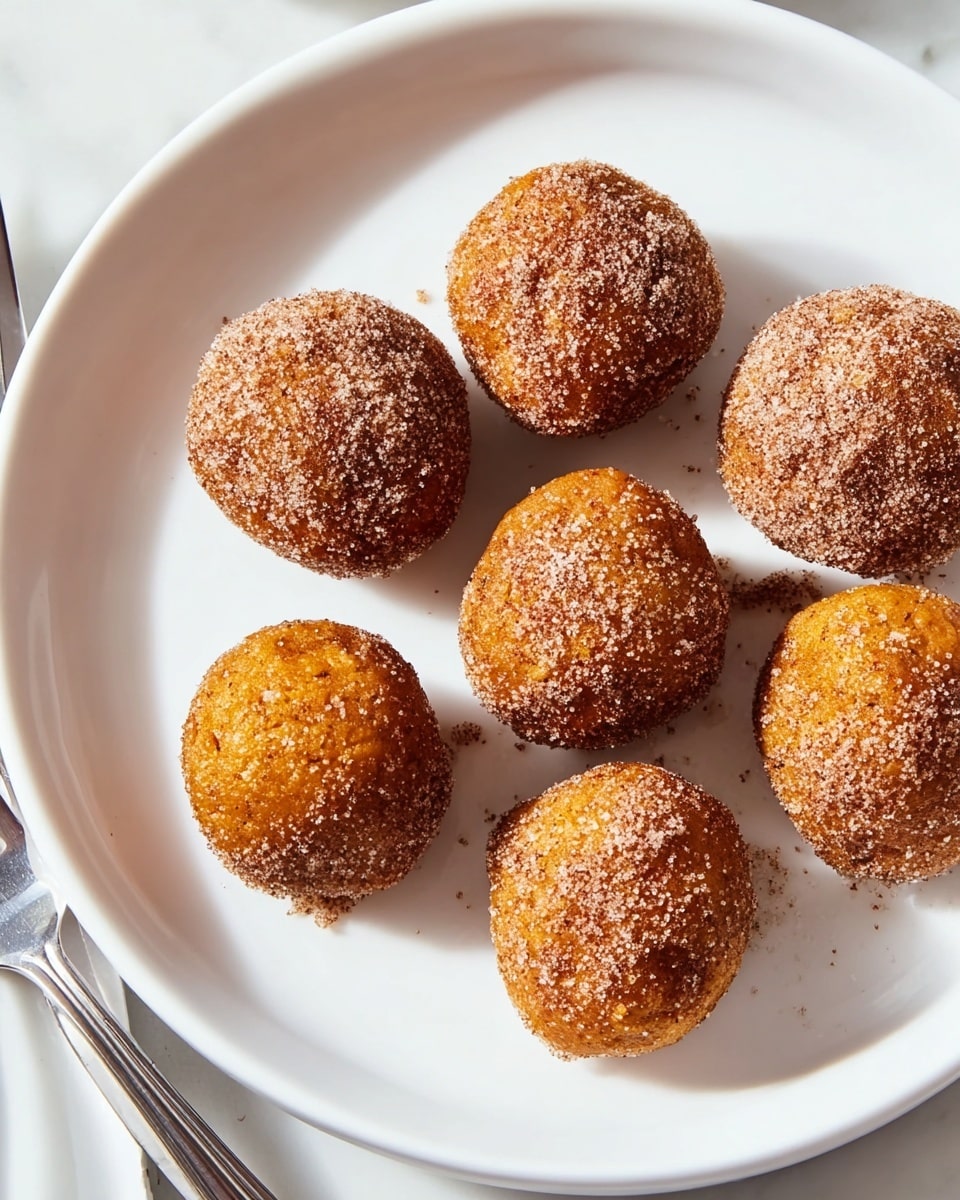 A white plate holds seven round balls that are golden brown in color and coated evenly with a layer of granulated sugar mixed with a light brown powder, giving them a slightly grainy, textured surface. Each ball shows a rough, baked texture beneath the sugary coating, and they are arranged with some spacing between them so each one is clearly visible. The plate is set on a white marbled surface with part of a silver fork visible on the left side, casting soft shadows. The lighting highlights the sugar crystals and the warm golden hues of the balls, making them look crispy and sweet. Photo taken with an iphone --ar 4:5 --v 7