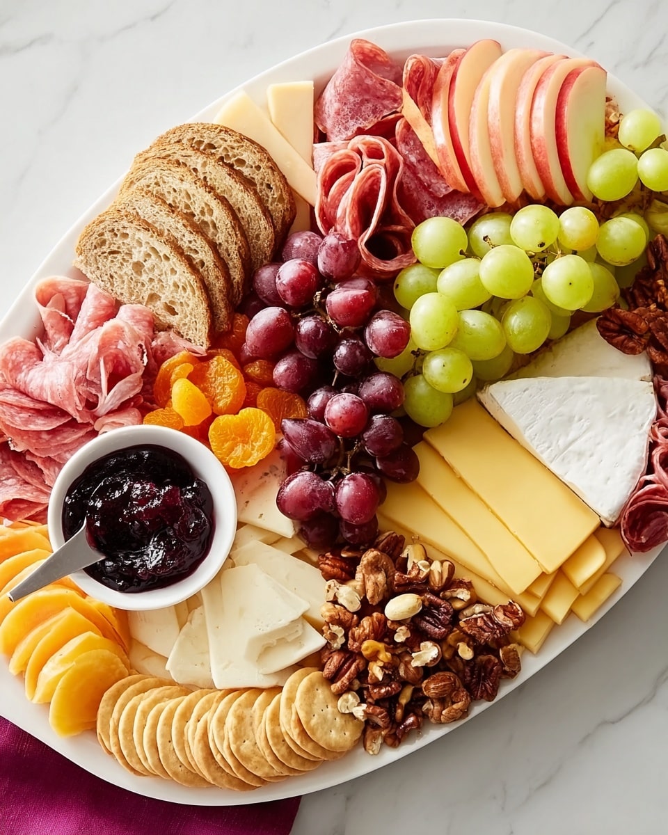 A large white oval plate sits on a white marbled surface, filled with layers of colorful food arranged in sections. On the far left, there is a thick slice of toasted bread resting on a pile of thinly folded red salami slices. Next to it are smooth, pale yellow cheese slices layered in a small stack, followed by delicate pink ham folds arranged like a flower. In the center, there are fresh red and green grapes mixed with slices of red and green apples stacked vertically. Bright orange dried apricots and mixed nuts including almonds and walnuts fill the upper right area, alongside red salami slices layered neatly. Below these, a wedge of soft white cheese sits on more nuts. Bright yellow cheese slices lie near a row of round, light crackers at the bottom center. In the middle sits a small white bowl filled with dark red jam, with a silver spoon resting beside it. The colors are rich and textures vary from smooth cheeses to juicy fruits and crunchy nuts. photo taken with an iphone --ar 4:5 --v 7