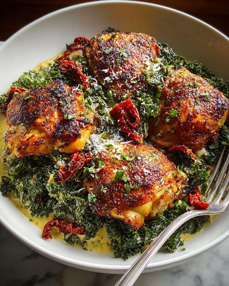 Four pieces of golden brown grilled chicken with a crispy, herb-coated surface sit on a bed of creamy green kale mixed with chunks of soft white onion. The creamy sauce underneath is yellow with specks of seasoning, pooling gently around the kale. Bright red dried tomato pieces are scattered on top and among the chicken, adding a touch of color. Shredded white cheese and finely chopped green herbs garnish the chicken pieces, giving a fresh look. A silver fork rests on the edge of the shallow white bowl, all set on a white marbled surface. photo taken with an iphone --ar 4:5 --v 7