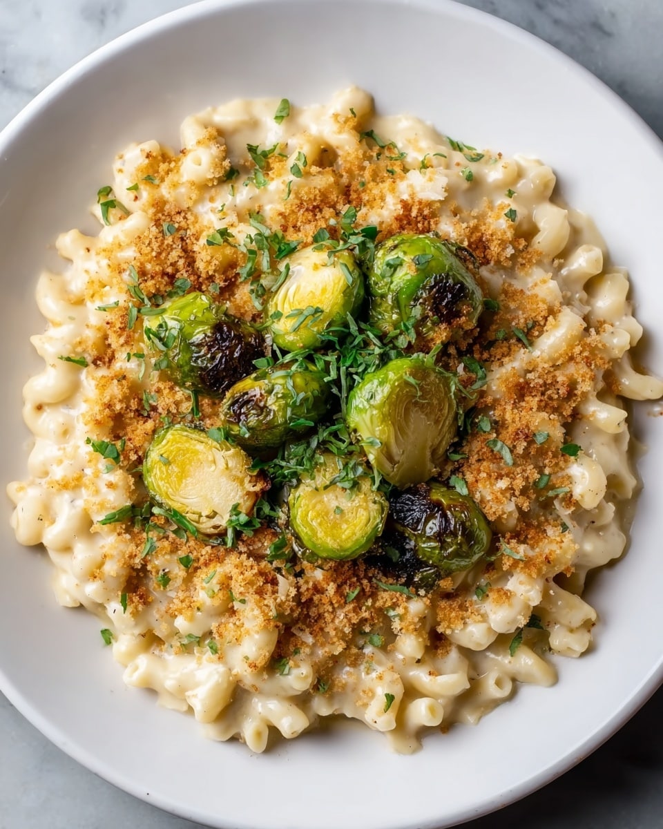 A white plate holds a creamy macaroni and cheese dish made with small elbow pasta coated in a smooth, light yellow cheese sauce forming the first layer. This is topped with a golden brown, crunchy breadcrumb layer sprinkled evenly across the pasta. On top of the breadcrumbs, there are six halved roasted Brussels sprouts with a shiny, slightly charred green outer layer clustered at the center. The entire dish is garnished with finely chopped fresh green herbs scattered all over, creating a contrast against the creamy and crunchy textures underneath. The dish is placed on a white marbled texture. photo taken with an iphone --ar 4:5 --v 7
