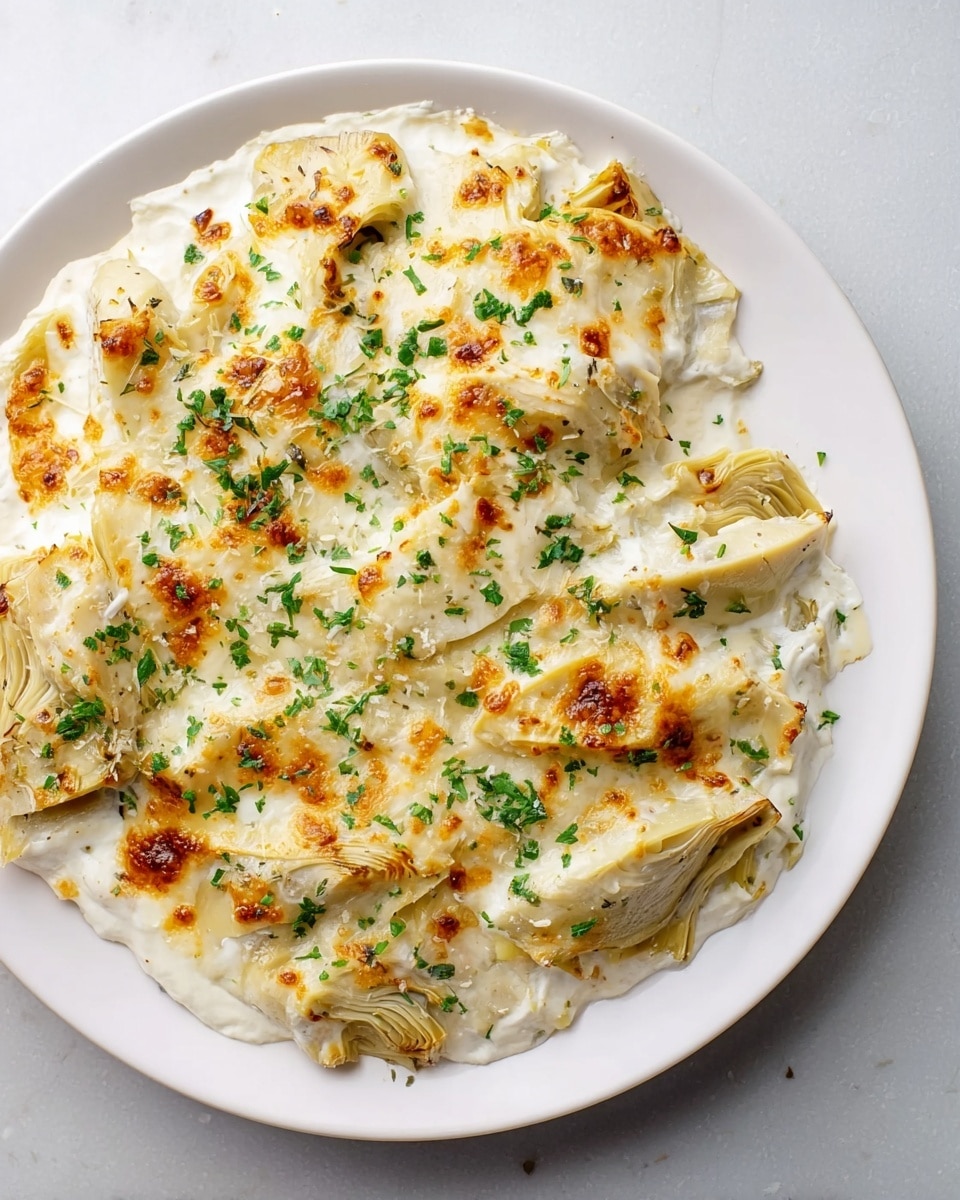 A white round plate holds a creamy dish with three visible layers: the bottom layer is a smooth white sauce, the middle layer contains chunks of light beige artichoke pieces scattered unevenly, and the top layer is melted white cheese with golden-brown spots from baking, giving a slightly bubbly texture. Fresh, finely chopped green herbs are sprinkled generously on top, adding a fresh contrast. The plate is set on a white marbled surface. photo taken with an iphone --ar 4:5 --v 7