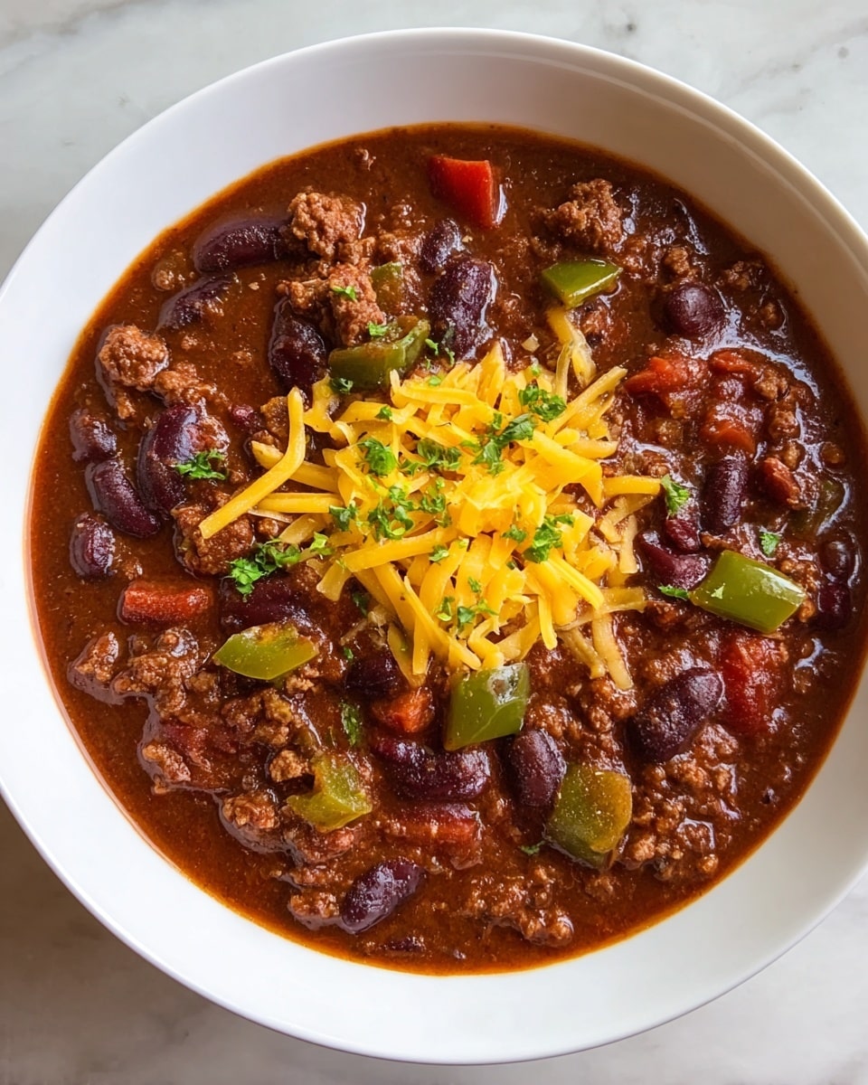 A white bowl filled with a thick, rich chili that has a deep reddish-brown broth as the base. Within the chili, there are three visible layers of ingredients: crumbled brown ground meat, dark red kidney beans, and bright green bell pepper chunks scattered throughout. On top of the chili, in the center, there is a small pile of shredded yellow cheddar cheese melting slightly, garnished with small bits of fresh green herbs. The bowl sits on a white marbled surface. photo taken with an iphone --ar 4:5 --v 7