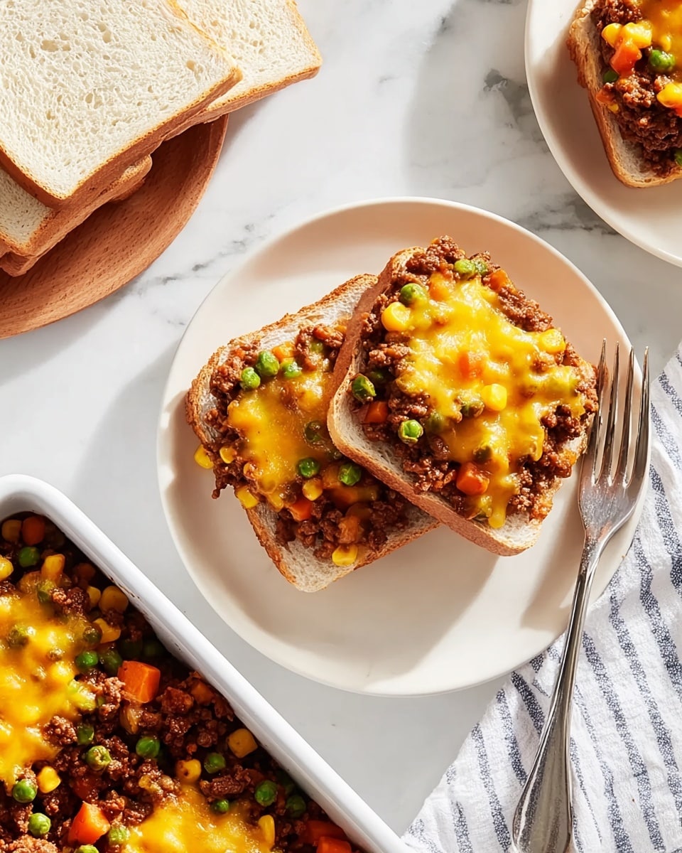 Two slices of thick white bread are placed on a white plate, each topped with a thick layer of cooked ground meat mixed with corn, peas, and small carrot pieces, creating a textured, chunky reddish-brown layer. On top of the meat mixture, there is a generous layer of melted yellow cheddar cheese that is uneven and slightly glossy. The plate is on a white marbled surface, with a silver fork resting on the right side of the plate and a small stack of plain white bread slices nearby on a white and blue striped cloth. Part of a white baking dish filled with the same meat and vegetable mixture topped with melted cheese is visible at the top right corner. A glass of water is partially visible in the top left corner. photo taken with an iphone --ar 4:5 --v 7