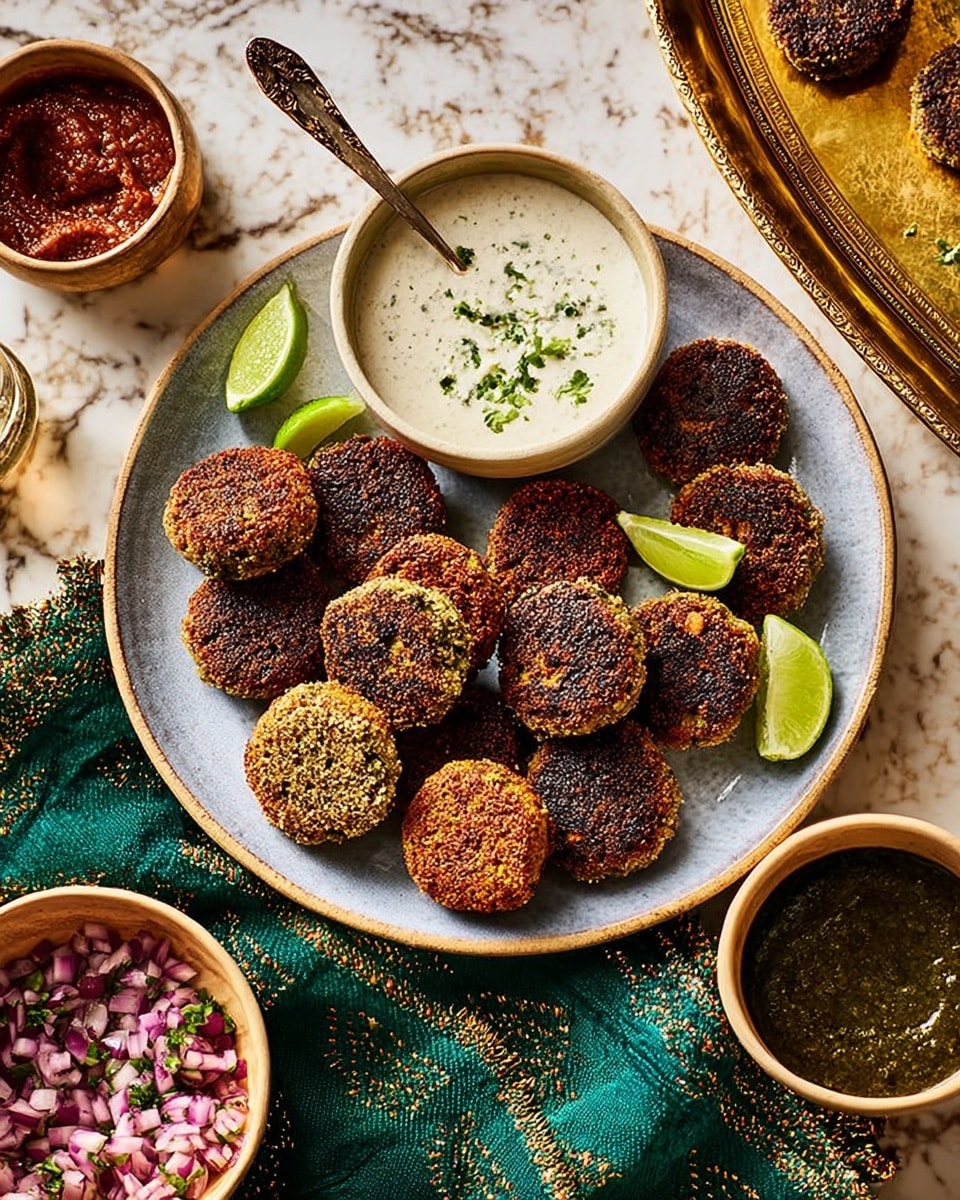 A white plate holds about fifteen small, round falafel patties with a dark, crispy exterior, scattered evenly across the surface. Three lime wedges sit among the falafel near the upper edge of the plate. A smaller white bowl filled with creamy, white sauce garnished with green herbs is placed on the left side of the plate with a metal spoon resting inside. To the right, two small white bowls sit on a gold tray, one with a thick dark red sauce and the other with a green sauce, both smooth in texture. Below the plate, a white bowl contains a fresh salad with chopped red onions and green herbs. A green cloth with a gold grid pattern is draped loosely next to the plate. The whole setting rests on a white marbled surface with soft, natural lighting, photo taken with an iphone --ar 4:5 --v 7