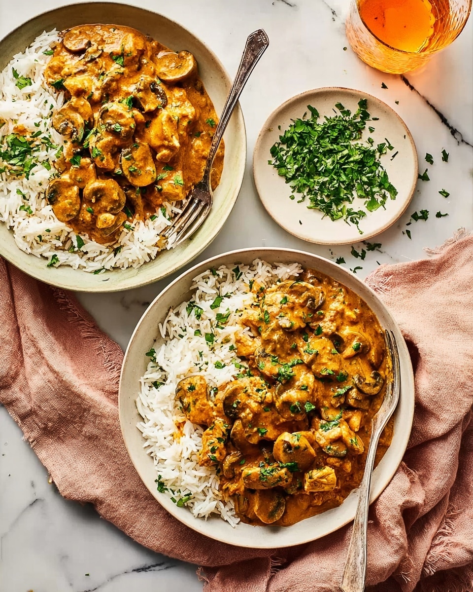 Two white bowls filled with a dish showing two layers each: the bottom layer is white fluffy rice, and on top is a creamy orange sauce with chunks of cooked chicken and mushrooms. The sauce has a rich, smooth texture and is garnished with chopped fresh green herbs scattered on top. Each bowl has a silver fork resting inside. The bowls are placed on a white marbled surface with a light pink cloth napkin nearby. Beside the bowls is a small white bowl filled with more chopped green herbs on a larger white plate. Photo taken with an iphone --ar 4:5 --v 7