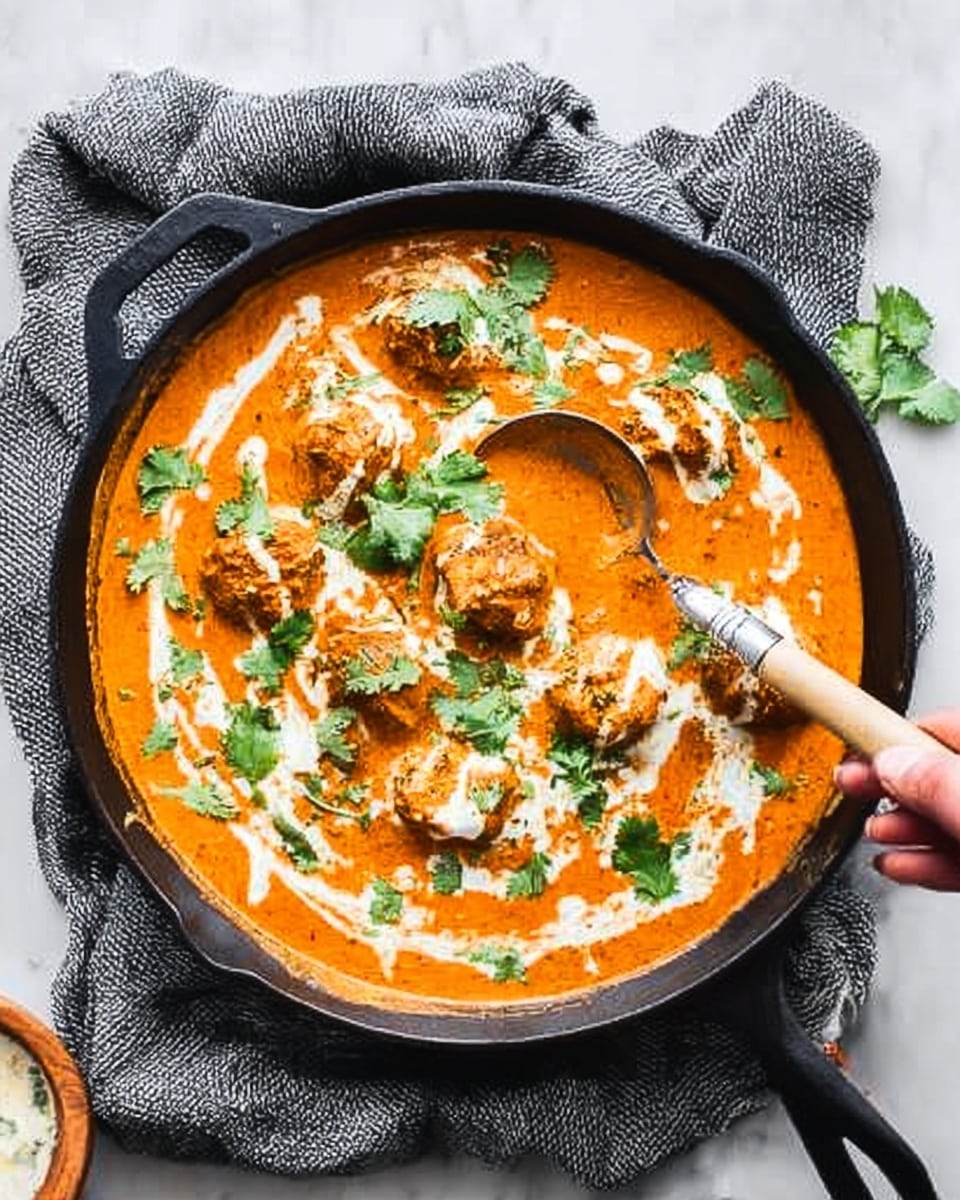 A black pan filled with a thick orange curry sauce covering tender chicken pieces. The curry is topped with light cream swirls and fresh green cilantro scattered on top. A spoon with a silver head and light wooden handle rests in the pan’s right side. The pan is set on a white marbled surface with a dark gray cloth underneath. Photo taken with an iphone --ar 4:5 --v 7