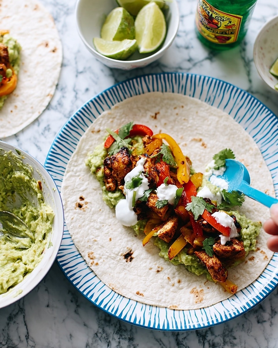 A white tortilla laid flat on a white plate with light blue stripes around the edge sits on a white marbled surface. The tortilla has three visible layers: a bottom layer of creamy green guacamole spread evenly, a middle layer of grilled, dark brown and orange pieces of chicken with red and yellow bell peppers, and a top layer of white sour cream drizzled in a zigzag pattern. Nearby, there is a small white bowl filled with chunky guacamole garnished with fresh cilantro leaves, a cut lime half, and a small green bottle of hot sauce. The woman's hand is holding a blue spoon over the bowl of guacamole. The background is softly focused but shows more white bowls and food items on the white marbled surface. photo taken with an iphone --ar 4:5 --v 7