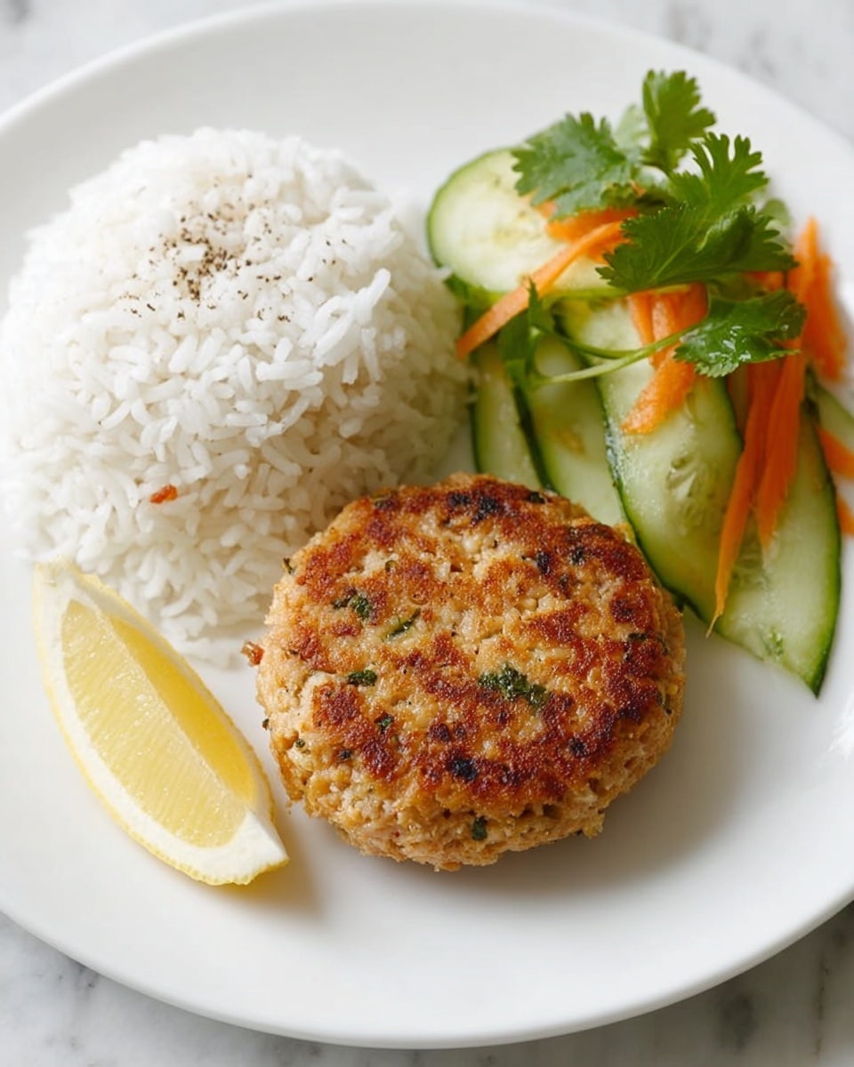 The image shows a white plate with three main parts: a round, golden-brown patty in the front center, made with a textured mix of herbs and small bits that suggest a crispy surface; to the left side behind the patty is a small pile of fluffy white rice with soft, visible grains; and to the right side, there are ribbons of orange carrot and green cucumber garnished with fresh green parsley leaves, lightly sprinkled with black pepper. A wedge of lemon sits on the far left edge of the plate. The plate is placed on a white marbled surface. photo taken with an iphone --ar 4:5 --v 7