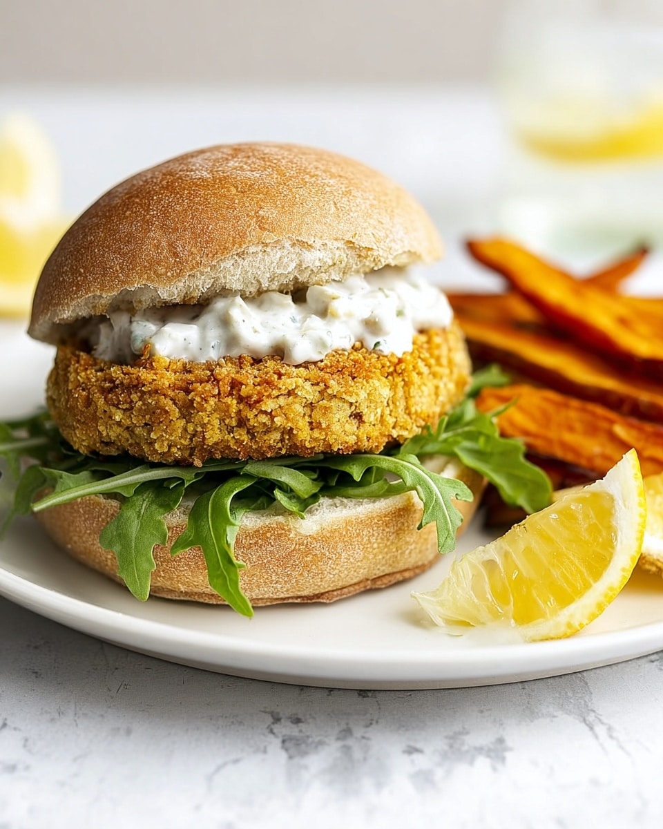 A sandwich on a white plate with a white marbled texture background. The sandwich has three layers: the top is a light brown, soft bun with some white creamy sauce on it, the middle layer is a thick, crispy golden-brown patty with a rough texture, and the bottom layer is fresh green leafy arugula on a darker brown bun base. Next to the sandwich, there are thick, orange-brown sweet potato fries and a wedge of bright yellow lemon. In the background, a blurred bowl with white creamy sauce and a spoon is visible. Photo taken with an iphone --ar 4:5 --v 7