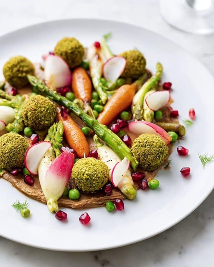 Falafels with Spicy Tomato and Cashew Sauce & Poached Spring Vegetables Recipe