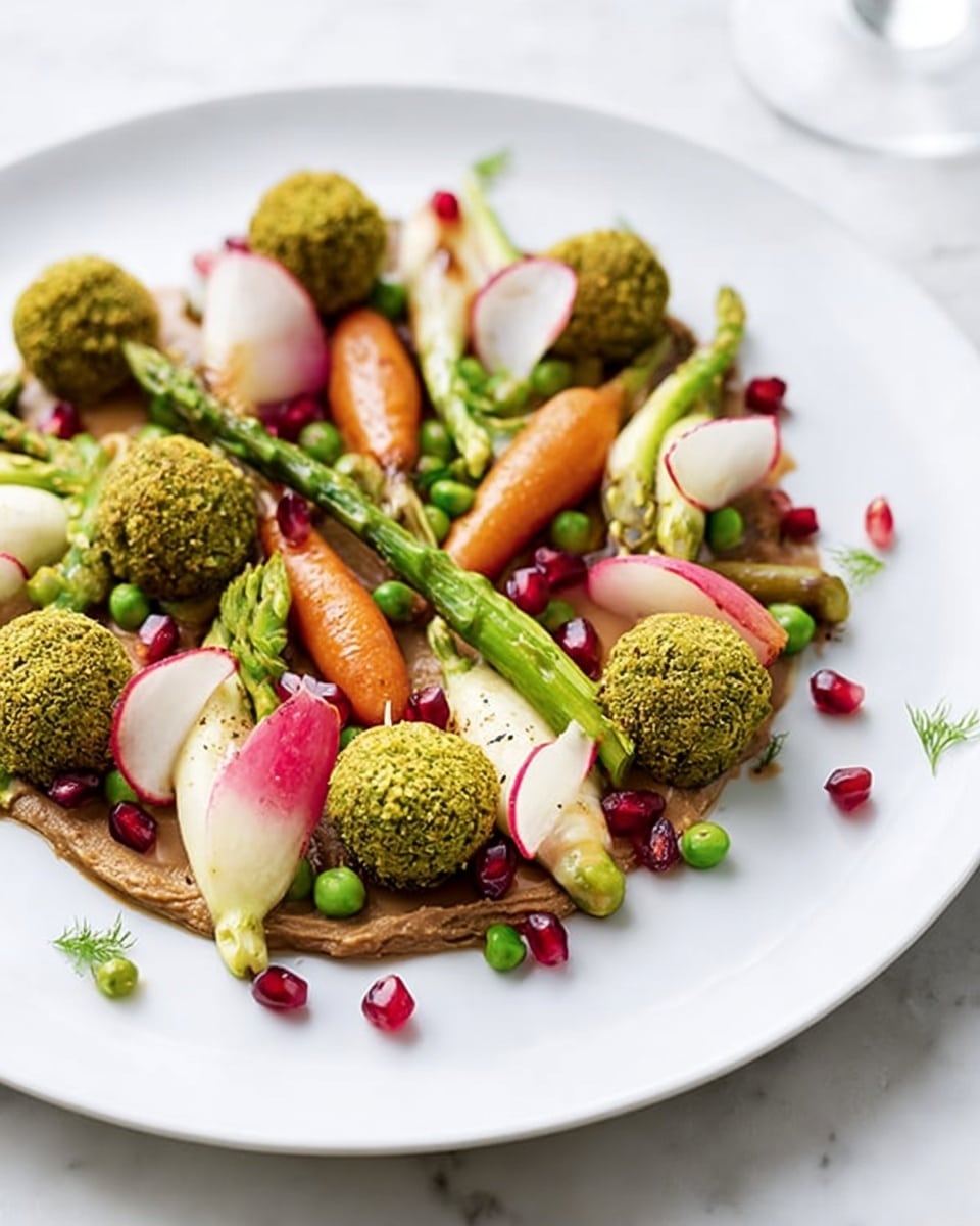 A white plate holds a colorful dish with multiple layers arranged neatly. At the base, there is a smooth light brown puree spread in a thin layer. On top of the puree, small round green falafel balls covered in a crumbly exterior are evenly spaced around the plate’s rim. In the center, there are three thin, vibrant orange baby carrots standing upright with green stems visible. Bright green asparagus spears lie diagonally across the carrots. Scattered around the plate are thin white slices of onion and soft pink radish petals. Bright green peas and small, shiny red pomegranate seeds are sprinkled throughout, adding pops of color. The plate sits on a white marbled surface, creating a clean and bright setting. photo taken with an iphone --ar 4:5 --v 7