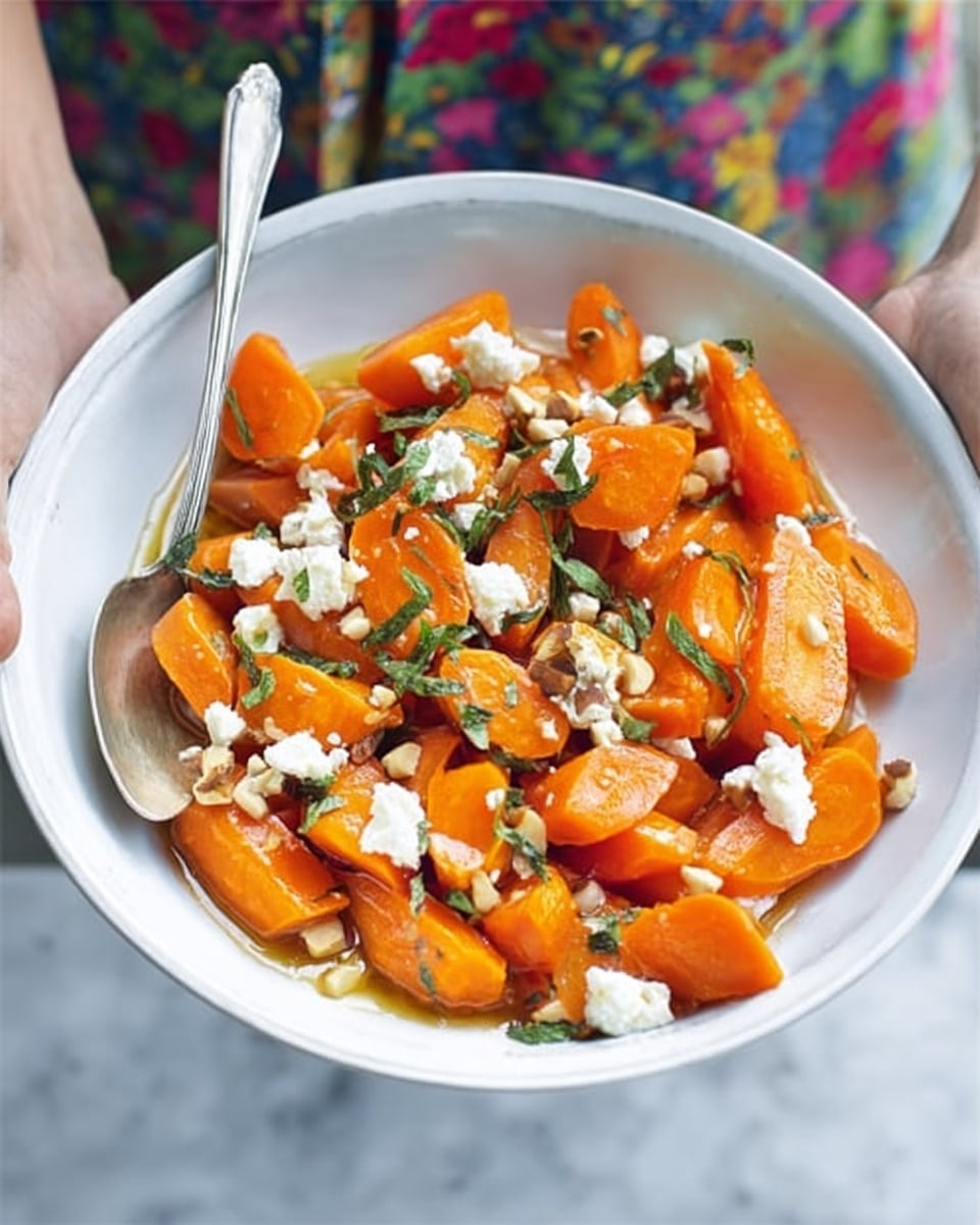 A white bowl filled with a colorful carrot salad is held by a woman’s hand wearing a floral dress. The salad has two layers of sliced carrots in bright orange shades with a soft texture. On top, there are dollops of white cheese and scattered green leaves adding freshness. Small pieces of crunchy nuts are also sprinkled throughout the dish. A shiny silver fork rests inside the bowl, ready to eat. The background shows a white marbled surface with soft natural light. photo taken with an iphone --ar 4:5 --v 7