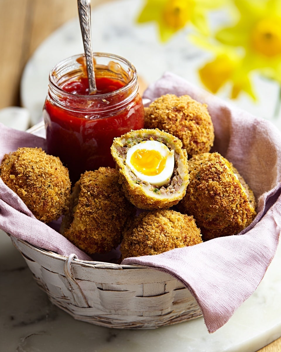 In the image, there is a white rustic basket lined with a soft light pink cloth, filled with five brown, crumb-coated Scotch eggs, with one cut open to show the layers inside: a bright yellow yolk in the center, surrounded by white egg, then wrapped in a crumbly, golden-brown fried meat layer. Next to the eggs inside the basket is a small glass jar with red sauce and a spoon standing inside. The basket sits on a white marbled surface with a soft, blurred background of yellow flowers. photo taken with an iphone --ar 4:5 --v 7