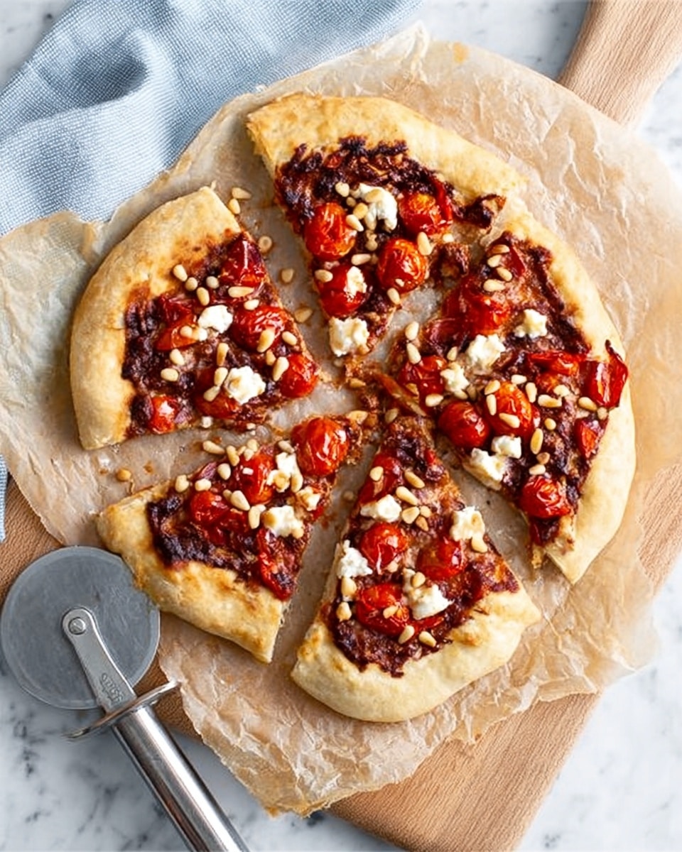 A round pizza cut into four slices sits on white baking paper over a wooden board on a white marbled surface. The pizza has a thick light golden crust, with a layer of dark brown topping spread evenly on the dough. Scattered on top are small chunks of white cheese, bright red tomato pieces, and light brown nuts, creating a mix of colors and textures. A pizza cutter with a silver circular blade rests nearby, with a piece of tomato next to it. The scene looks bright and clean. photo taken with an iphone --ar 4:5 --v 7