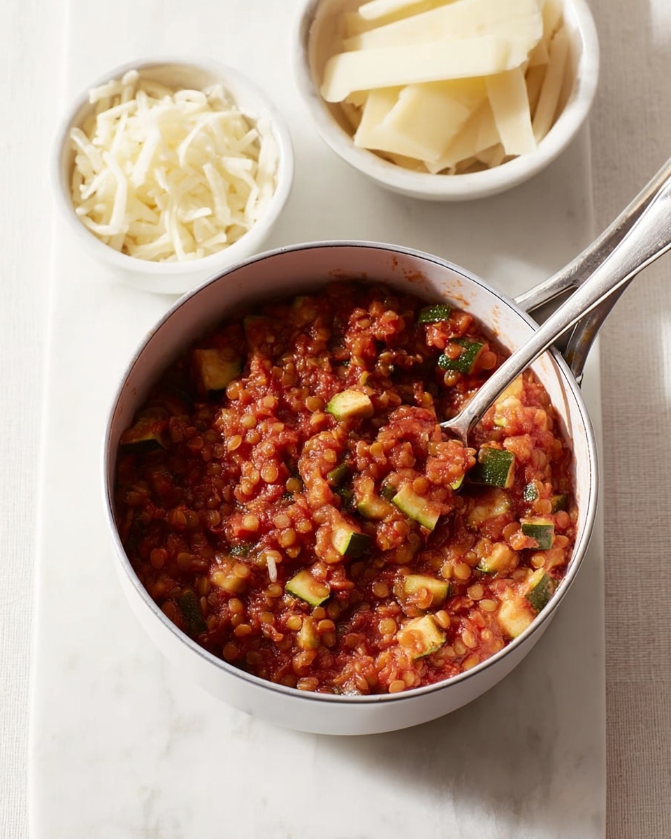 The image shows a white saucepan filled with a chunky mixture of cooked lentils, diced zucchini, and tomato sauce. The lentils are a reddish-brown color, while the zucchini pieces are green with pale centers, giving a mix of textures. A silver spoon is resting inside the saucepan, partially submerged in the mixture. In the background, there are two small white bowls, one with thin slices of white onion and the other with peeled garlic cloves. The whole scene is set on a white marbled surface. photo taken with an iphone --ar 4:5 --v 7