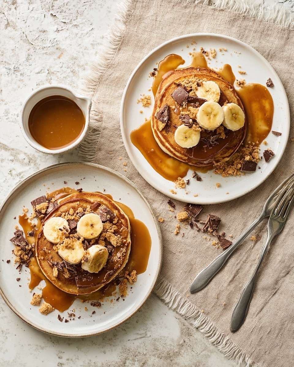 Two white plates each hold a stack of three golden-brown pancakes, drizzled with light brown caramel sauce. On top of each stack are several round, pale yellow banana slices, scattered with dark chocolate shavings and sprinkled with crushed light tan cookie crumbs. The left plate is on a white marbled surface alongside a small bowl filled with caramel sauce. The right plate rests on a pale peach cloth with two silver forks placed beside it. Photo taken with an iphone --ar 4:5 --v 7