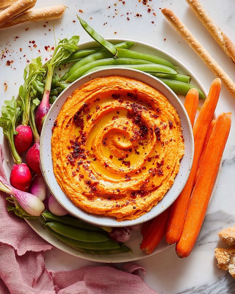A white bowl sits in the middle of a large white plate, filled with three thick layers of creamy orange hummus swirled smoothly with a small hollow in the center filled with a glistening layer of olive oil. The top of the hummus is sprinkled with reddish paprika and black pepper flakes, creating a textured spicy look. Around the bowl on the plate, fresh raw vegetables are arranged loosely, including bright orange baby carrots with green stalks, green snap peas, small red and white radishes with leaves, and long purple carrot slices. All of this is set on a white marbled surface, giving a fresh and clean background to the colorful dish. photo taken with an iphone --ar 4:5 --v 7