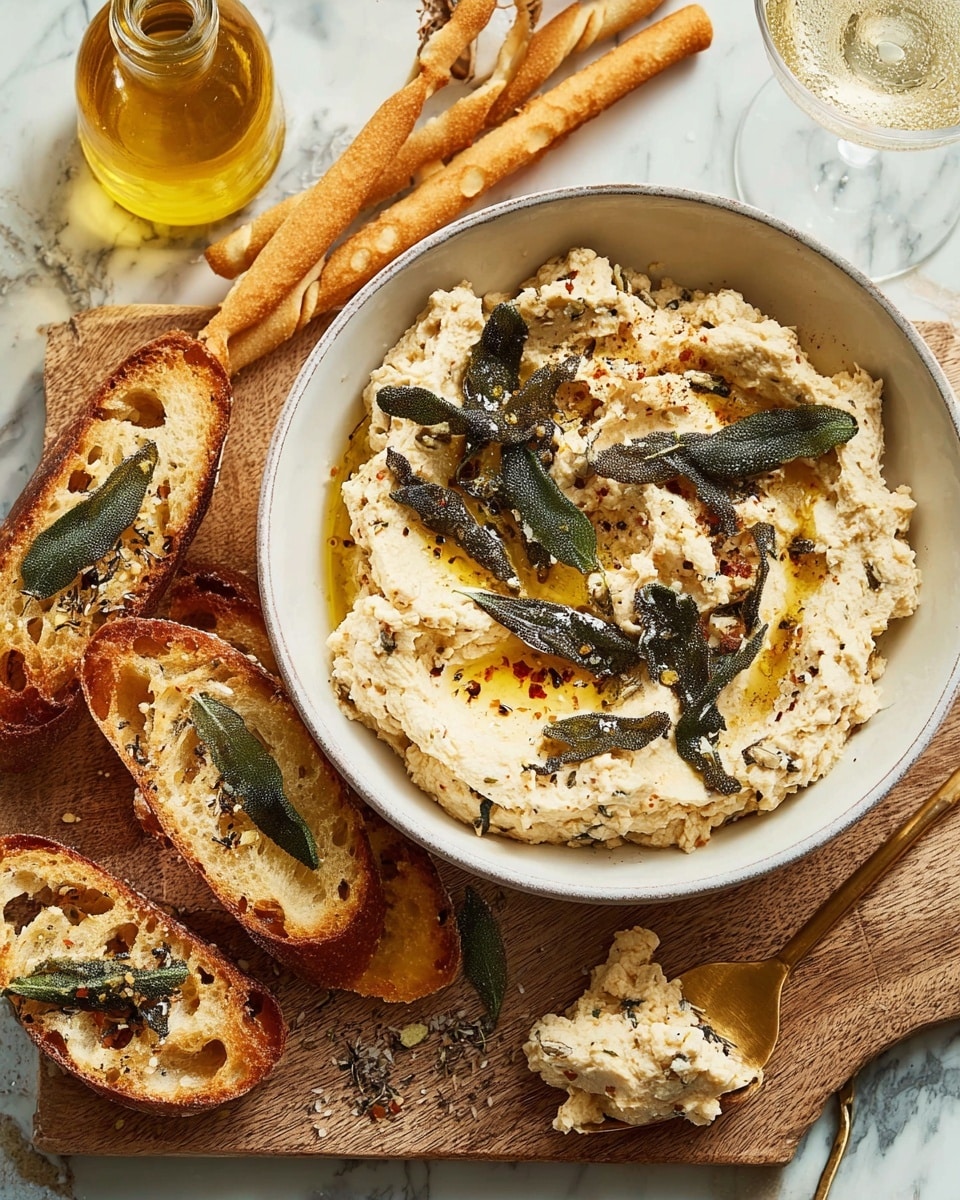 A white bowl sits in the center filled with a creamy, light beige spread topped with dark green fried sage leaves and sprinkled black pepper. The bowl is on a wooden board surrounded by toasted bread slices that are golden brown with visible olives and herbs, along with a few long breadsticks. One slice is topped with the beige spread and a sage leaf. A silver spoon with some spread and oil rests nearby, and a glass bottle of olive oil is placed on the upper left. The background is a white marbled texture. Photo taken with an iphone --ar 4:5 --v 7