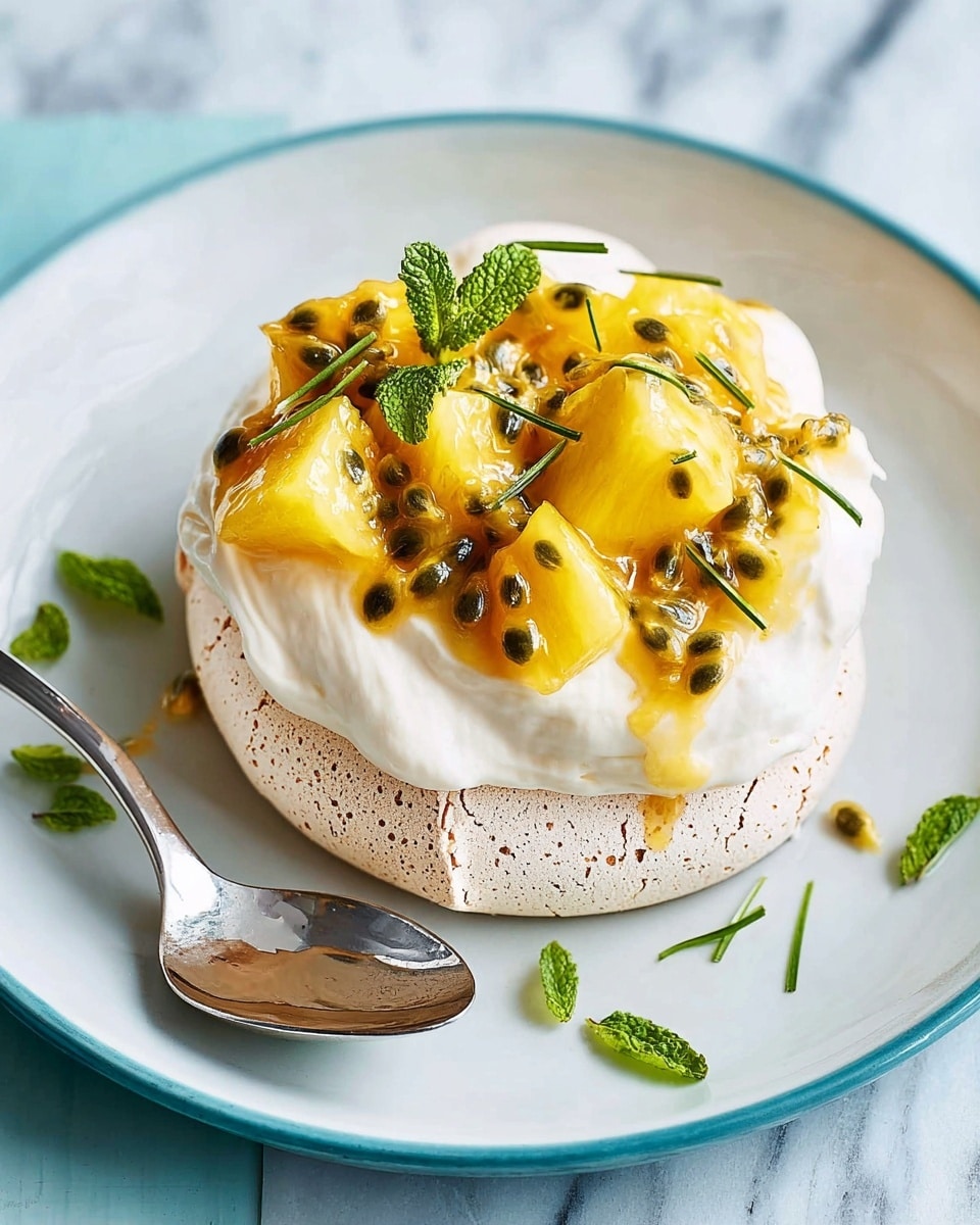 A dessert with three main layers is shown on a white plate with a silver spoon to the left on a white marbled surface. The bottom layer is a light, crispy meringue base, pale beige with a slightly cracked texture. On top of this is a smooth, thick white cream layer. The top layer consists of chunky pieces of bright yellow pineapple mixed with a vibrant yellow passion fruit pulp filled with small black seeds, all sprinkled with thin strips of fresh green mint leaves. Some passion fruit juice has dripped onto the plate around the dessert. photo taken with an iphone --ar 4:5 --v 7