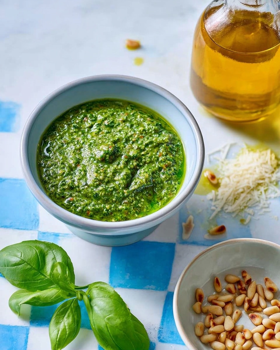 The image shows a white bowl filled with bright green, textured pesto sauce with visible small bits of nuts and herbs on top, placed on a white marbled surface with a blue and white checkered pattern. Below it, there’s another white bowl containing golden brown pine nuts and fresh green basil leaves. Next to this bowl is a small clear glass container holding golden olive oil, with light reflecting on it, creating a shiny look. Small basil leaves and some grated cheese pieces scattered on the white marbled surface add extra detail. photo taken with an iphone --ar 4:5 --v 7