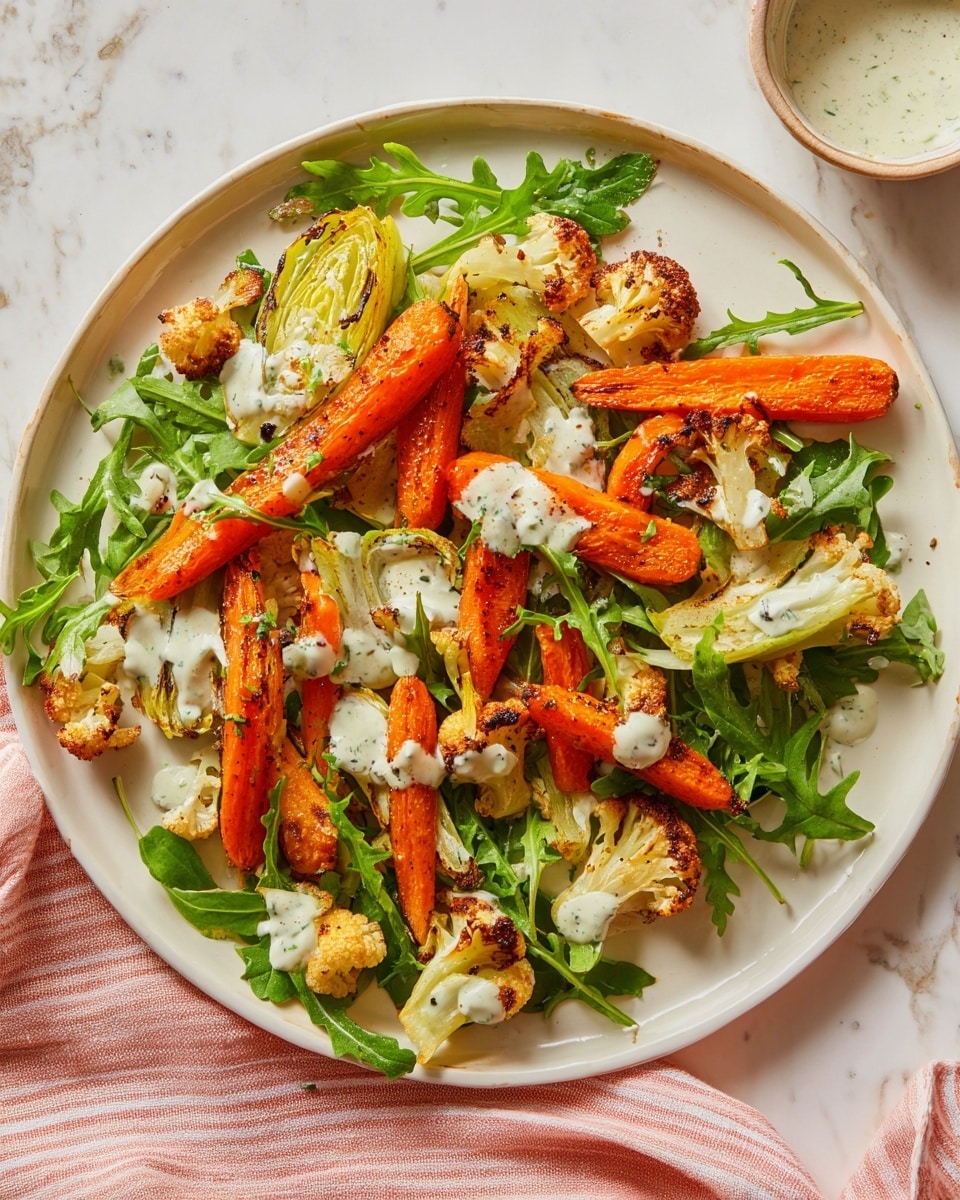 The image shows a large white plate filled with a fresh salad on a white marbled surface. The bottom layer is bright green arugula leaves scattered evenly. On top, there are several pieces of roasted orange carrots and golden-brown cauliflower florets, showing some charring for a roasted look. There are also small wedges of light green grilled or roasted lettuce mixed in. The salad is drizzled with a creamy, light-colored dressing sprinkled with herbs, spread across the vegetables in varying thickness. A pink and white striped cloth is partially visible under the plate, with wooden salad utensils placed nearby. Photo taken with an iphone --ar 4:5 --v 7