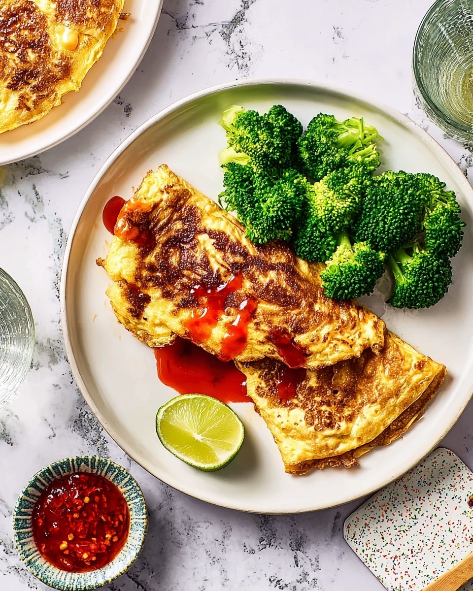 The image shows a white plate with a folded golden-brown omelet that has a slightly crispy texture and some browned spots, topped with a glossy red chili sauce spreading to one side. Next to the omelet are several bright green steamed broccoli florets arranged in a cluster. A wedge of lime sits at the edge of the plate. Around the main plate is a white marbled surface with an empty white plate holding another omelet and broccoli partly visible, a small bowl of red chili sauce, and a glass of water on a white marbled coaster with colorful specks. photo taken with an iphone --ar 4:5 --v 7