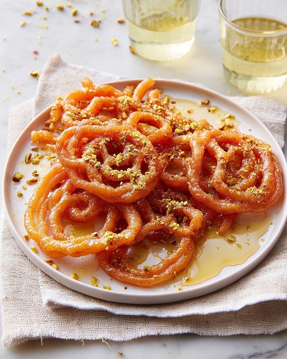 The image shows a white plate filled with several pieces of deep-fried, golden-brown funnel cake-like dessert shaped in irregular loops and twists. The crispy texture of the fried dough is highlighted by a glossy drizzle of honey covering the plate and dessert. Small, chopped green pistachio nuts are sprinkled generously on top, adding texture and color contrast. The plate is placed on a light beige napkin resting on a white marbled surface. Two clear glasses filled with a pale yellow drink sit in the upper left corner. photo taken with an iphone --ar 4:5 --v 7