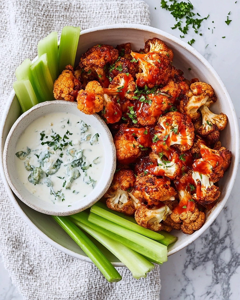 A large round white speckled bowl contains three main parts arranged side by side: bright green celery sticks on one side, a small gray stone bowl filled with white creamy dip sprinkled with chopped green herbs in the center, and a pile of fried cauliflower pieces coated in a reddish sauce on the other side. The cauliflower pieces are golden-brown with darker char spots and glossy red sauce drizzled unevenly on top. The bowl sits on a stack of white marbled and gray textured cloth layers. Photo taken with an iphone --ar 4:5 --v 7